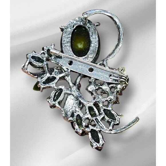 Vintage Style Lime Green Floral Brooch Silver Tone Rhinestone Botanical Pin
