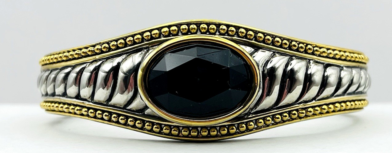 Vintage Silver and Gold Tone Hinged Bangle Bracelet Black Faceted Acrylic Stone