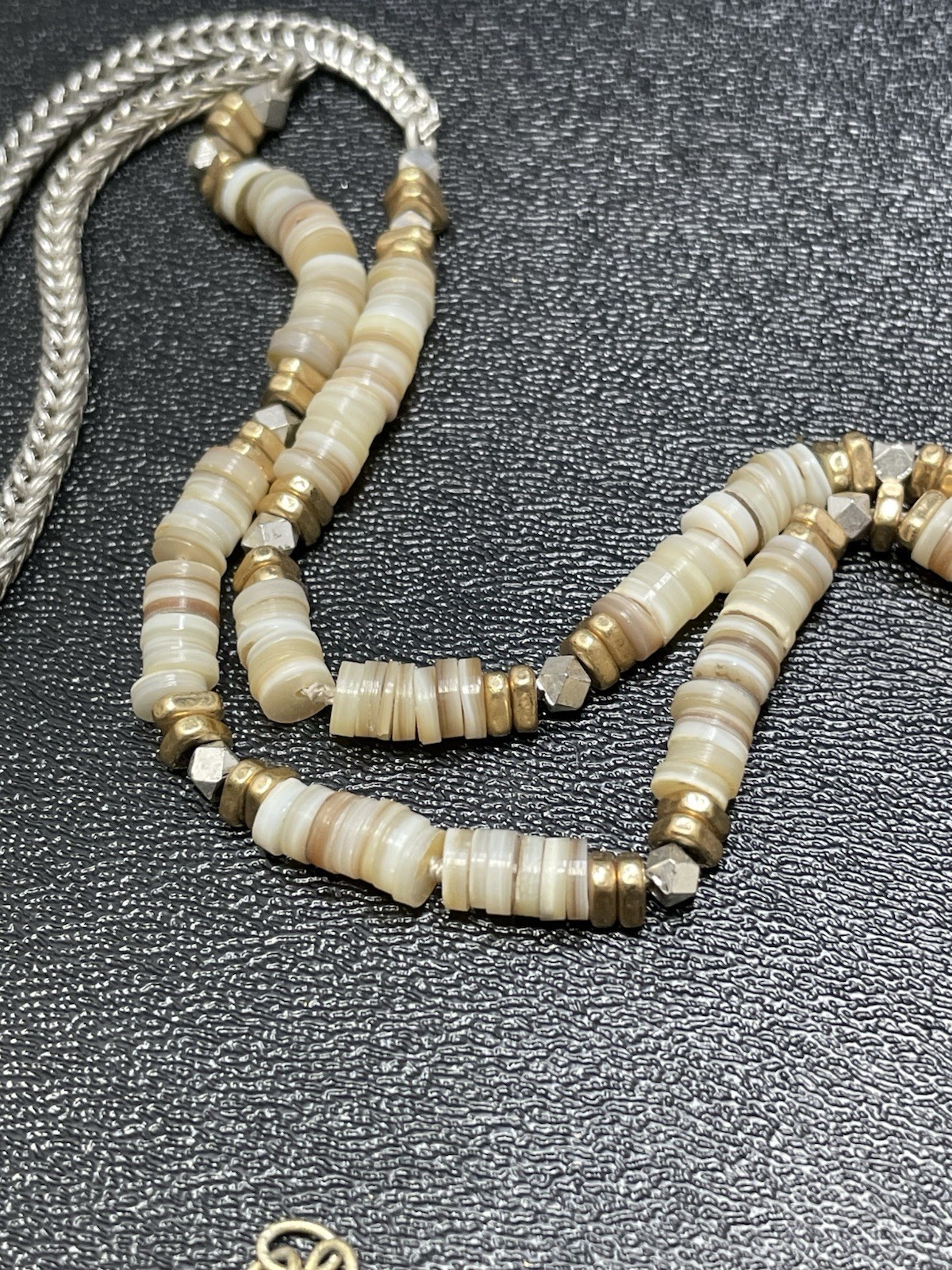 STELLA & DOT Signed 34” Heishi Shell Beaded Silver Tone Chain Necklace