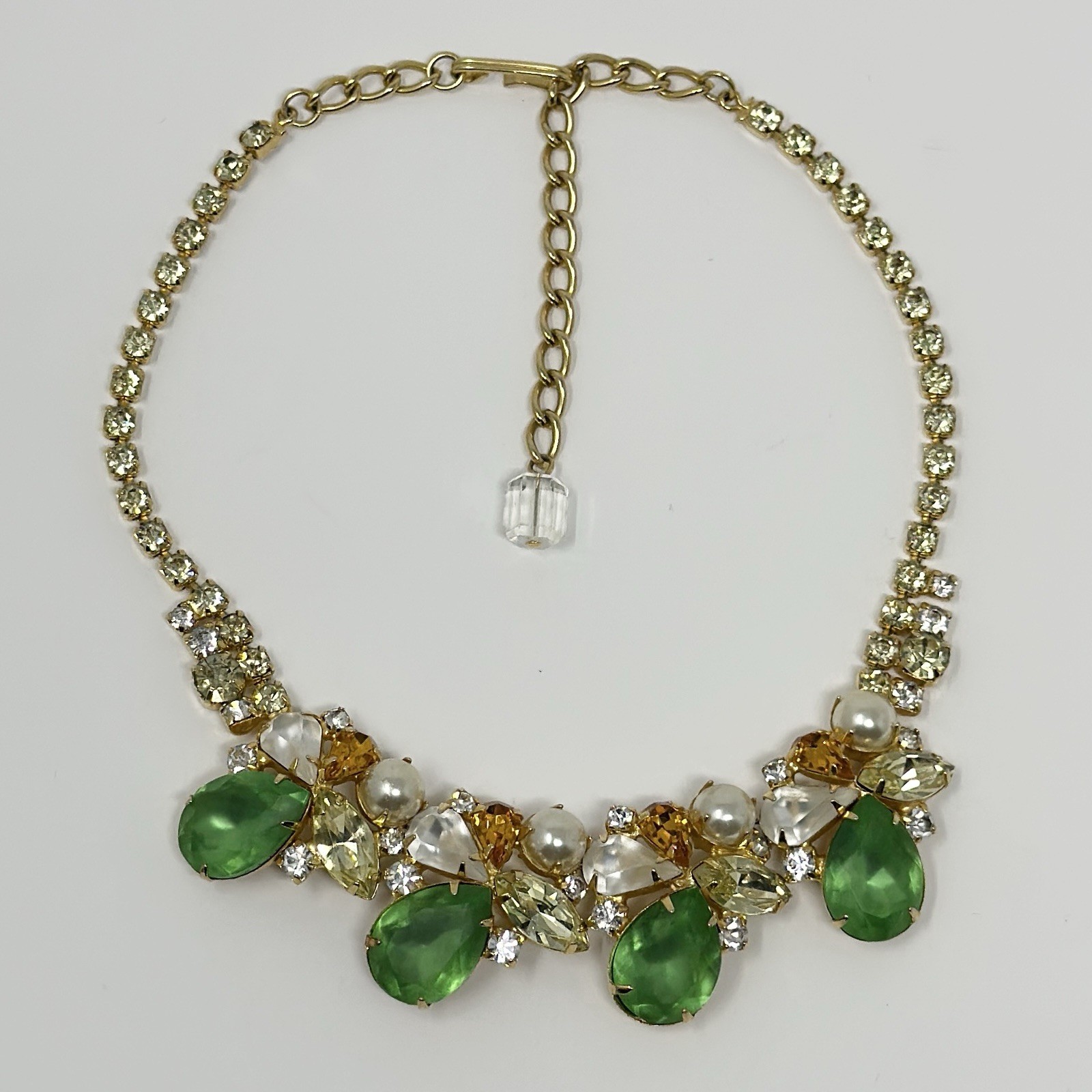 Vintage Czech Crystal Collar Necklace Green Yellow Imitation Pearl Statement 17”