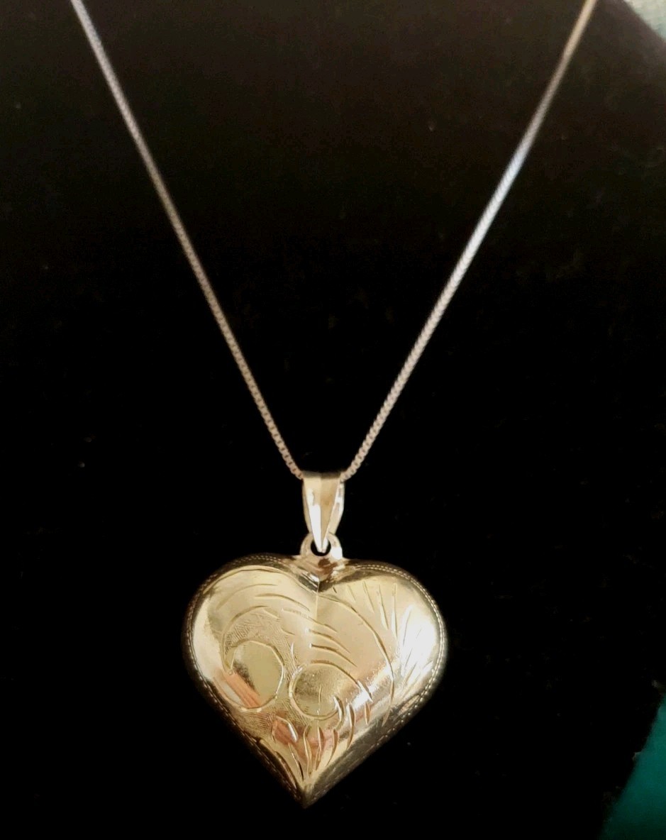 Vintage Sterling Silver Large Etched Puff Heart Necklace