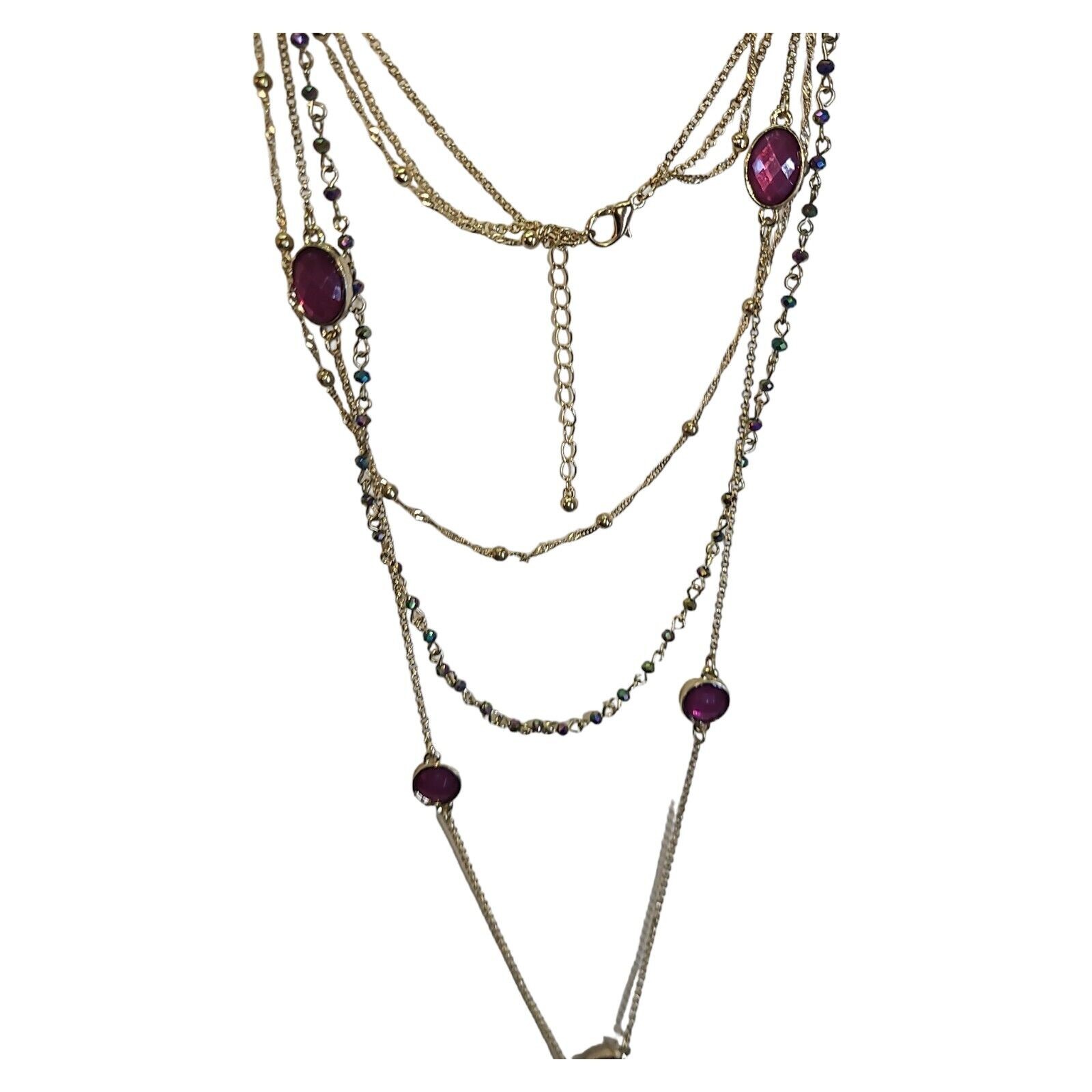 Gold Tone 3 Strand Aurora Borealis Crystal & Pink Acrylic Station Necklace 32″