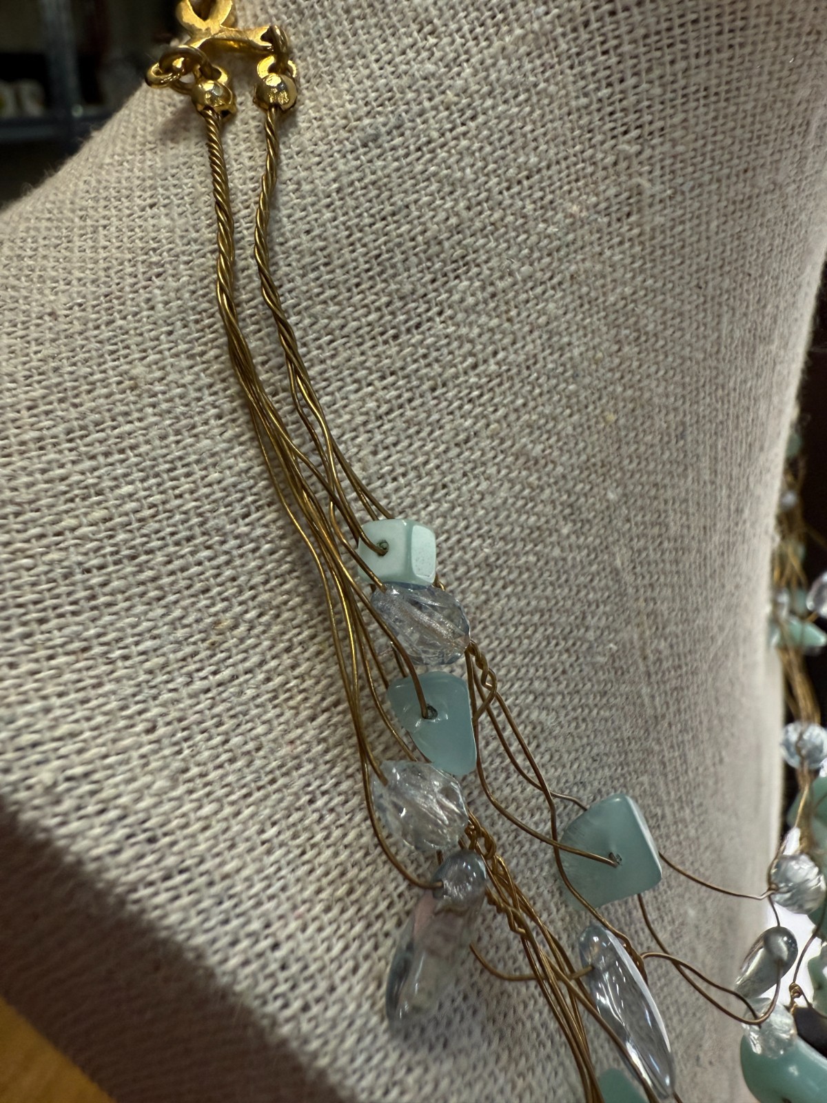 Vintage Wire Wrapped Multi Strand Necklace Aqua Blue Stone & Clear Glass