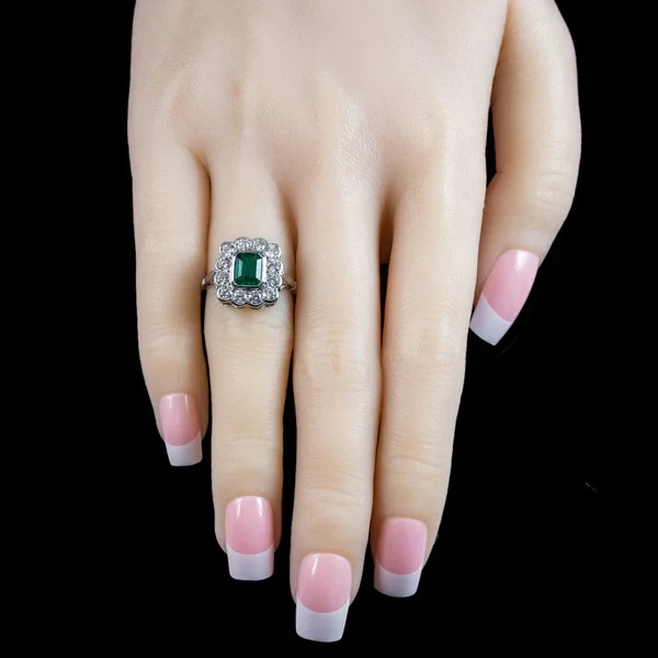 Art Deco 3.30Ct Natural Emerald Vintage Wedding Ring 14K White Gold Finish