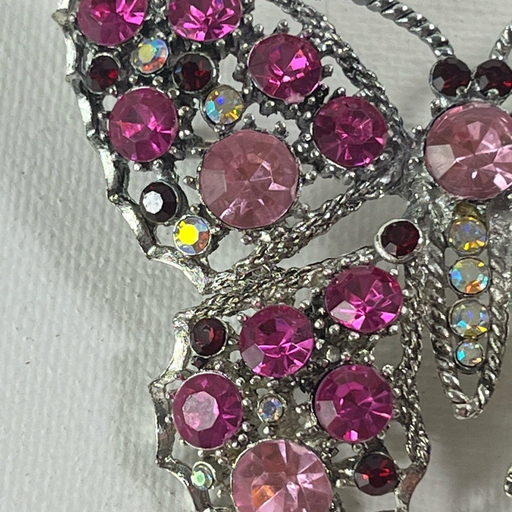 Elegant Pink Butterfly Brooch Pin Multi-colored Rhinestones Approximately 2” Vtg