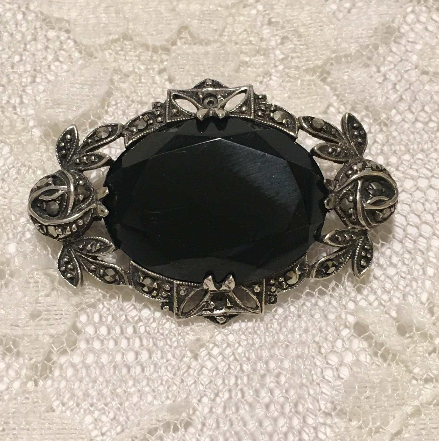 Vintage Sterling Silver Black Onyx Brooch Victorian Revival Romantic Germany
