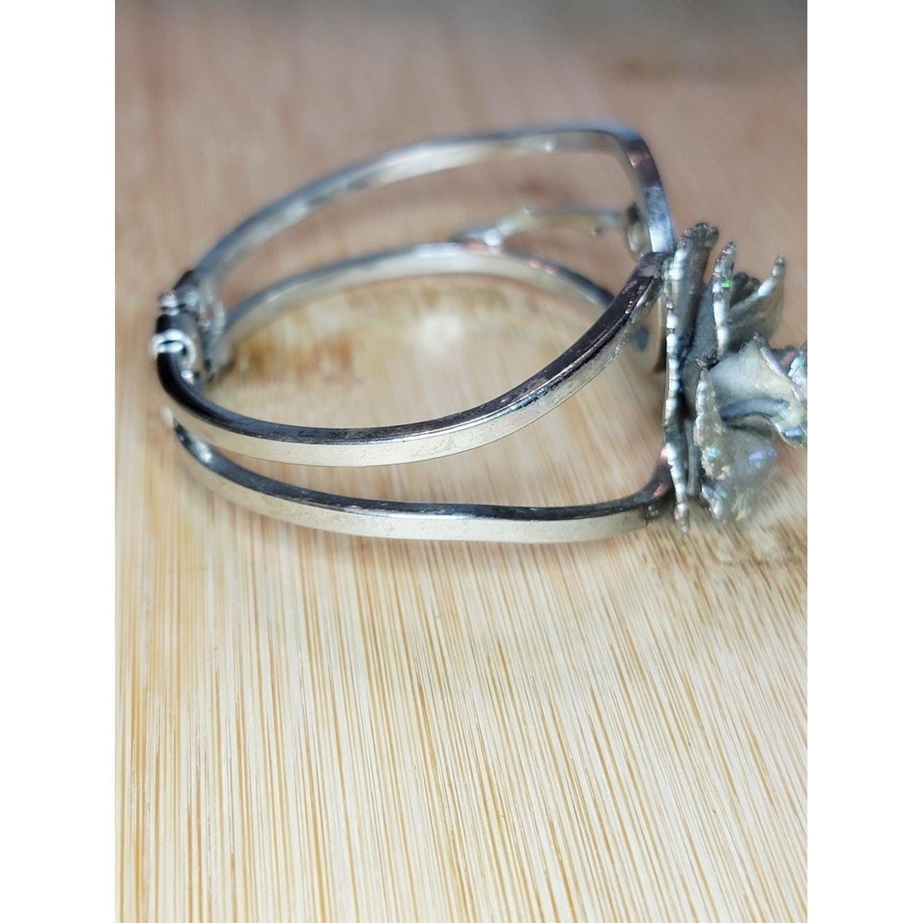 Vintage Silver Tone Rose Clamper Bracelet Hinged Flower Bangle Floral Statement