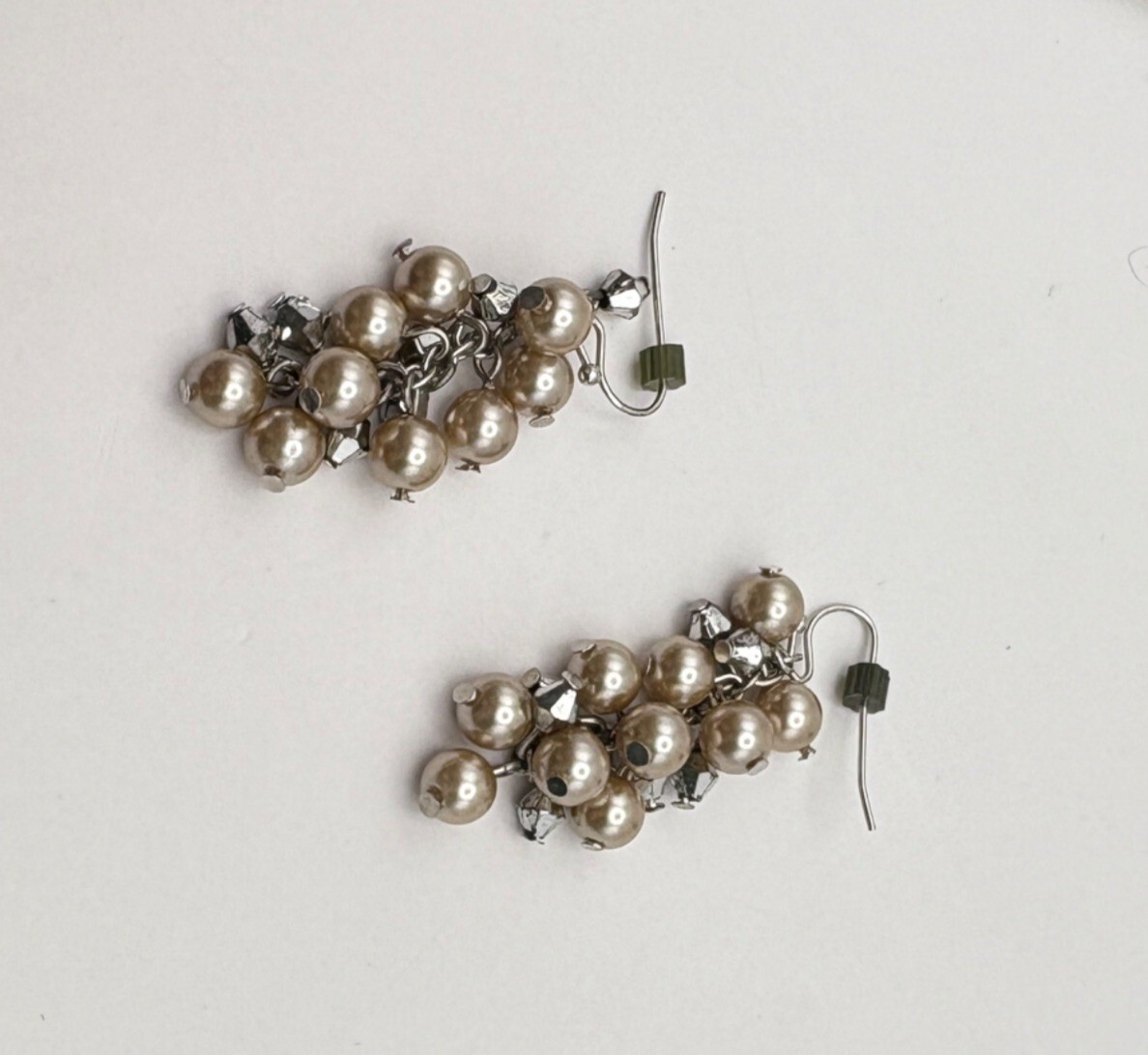 Vintage Faux Pearl Cluster Dangle Earrings Silver Tone Chain Accents