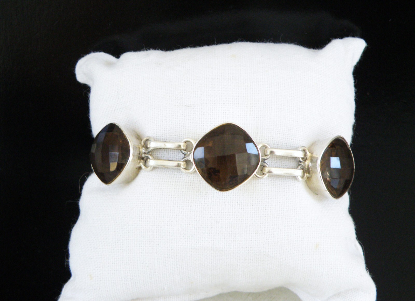 Vintage Sterling Silver 925 Artisan Signed Smoky Topaz Station Link Bracelet 8″