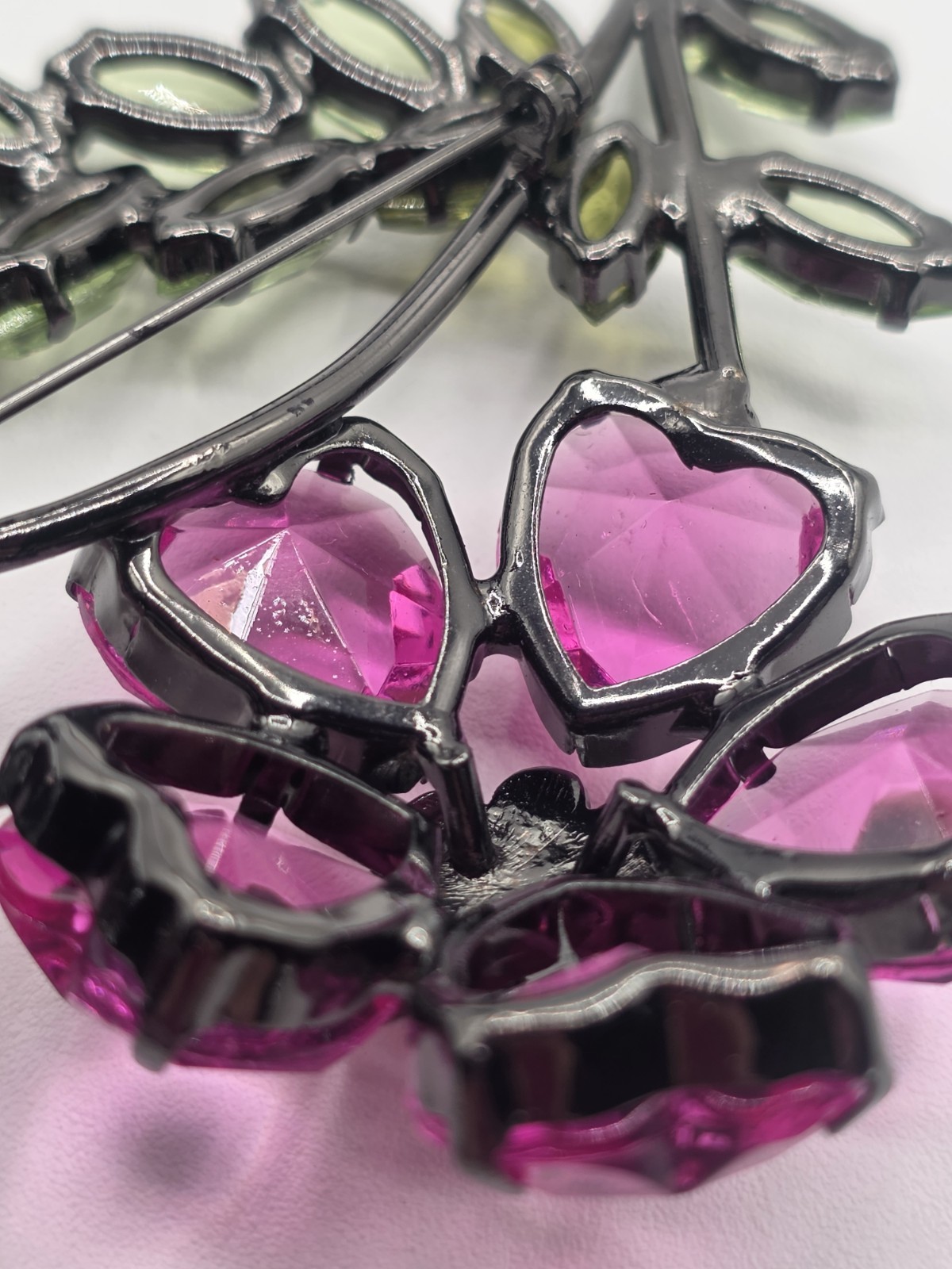 Double Flower Pink And Green Lucite Brooch, Black (Japaned) Colored Metal