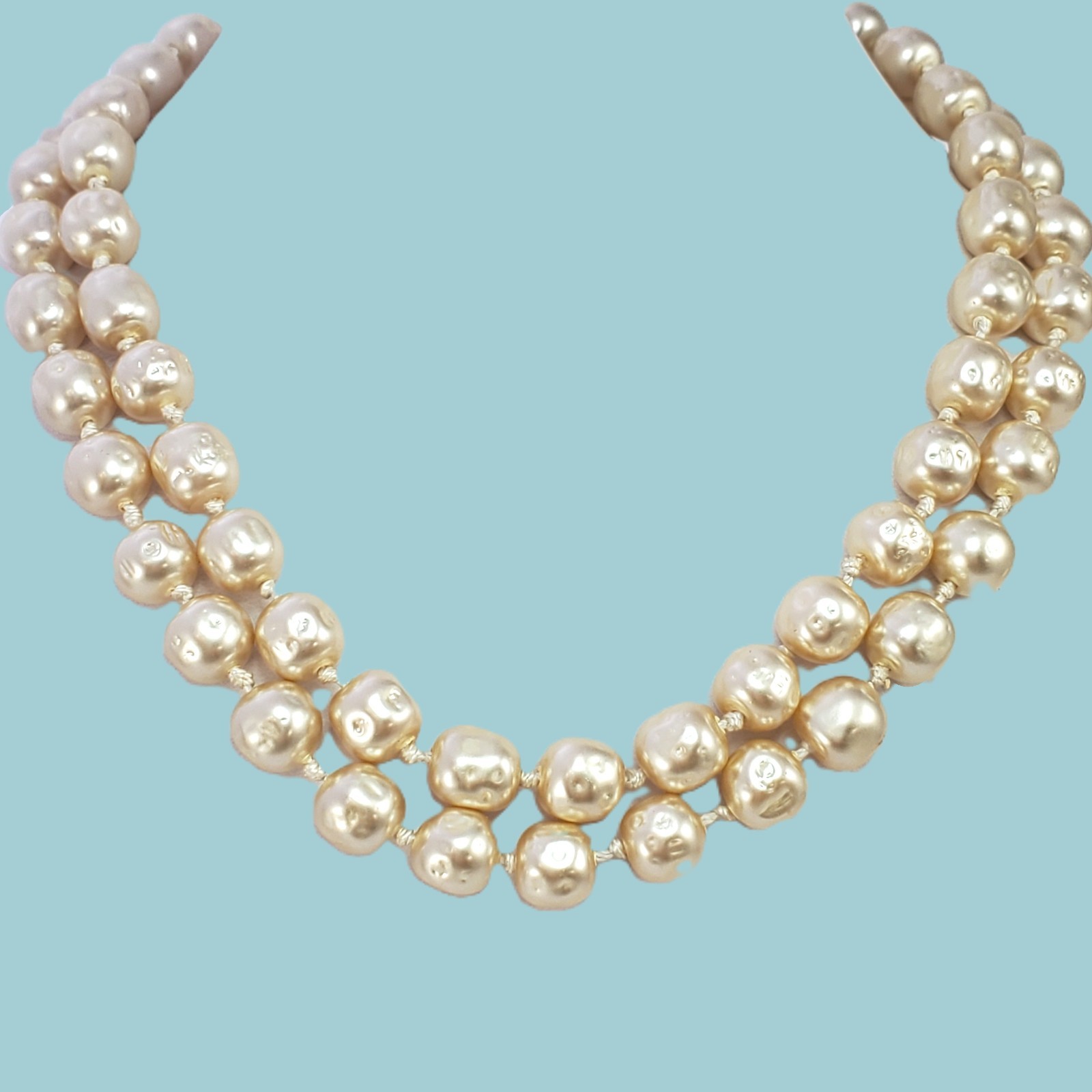 RICHELIEU Double Strand Necklace Faux BAROQUE PEARL Vintage Hand Knotted 16″
