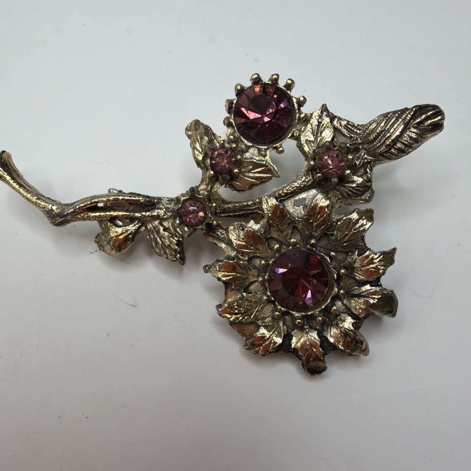 Vintage Floral Purple Rhinestone Brooch Pin And Clip On Earrings Set