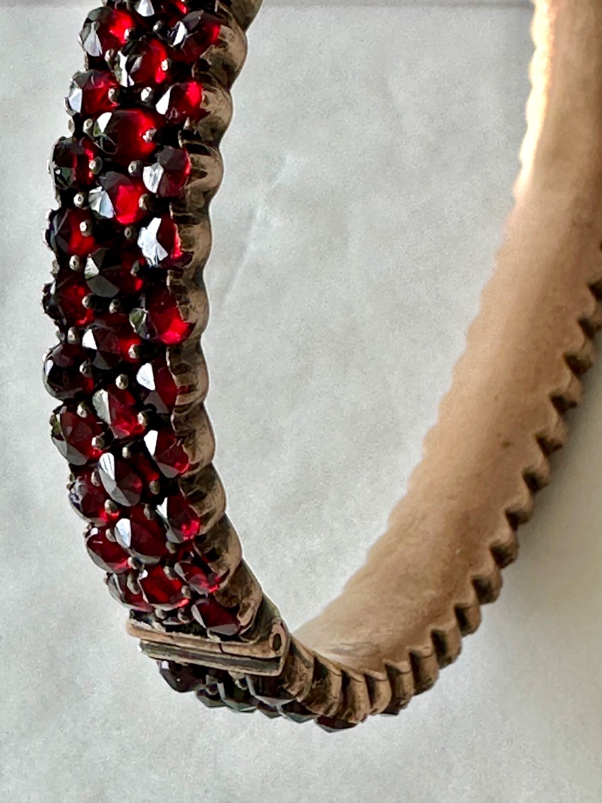 Antique rose cut Garnet & Silver bangle Hinged w/safety chain (see cond.)