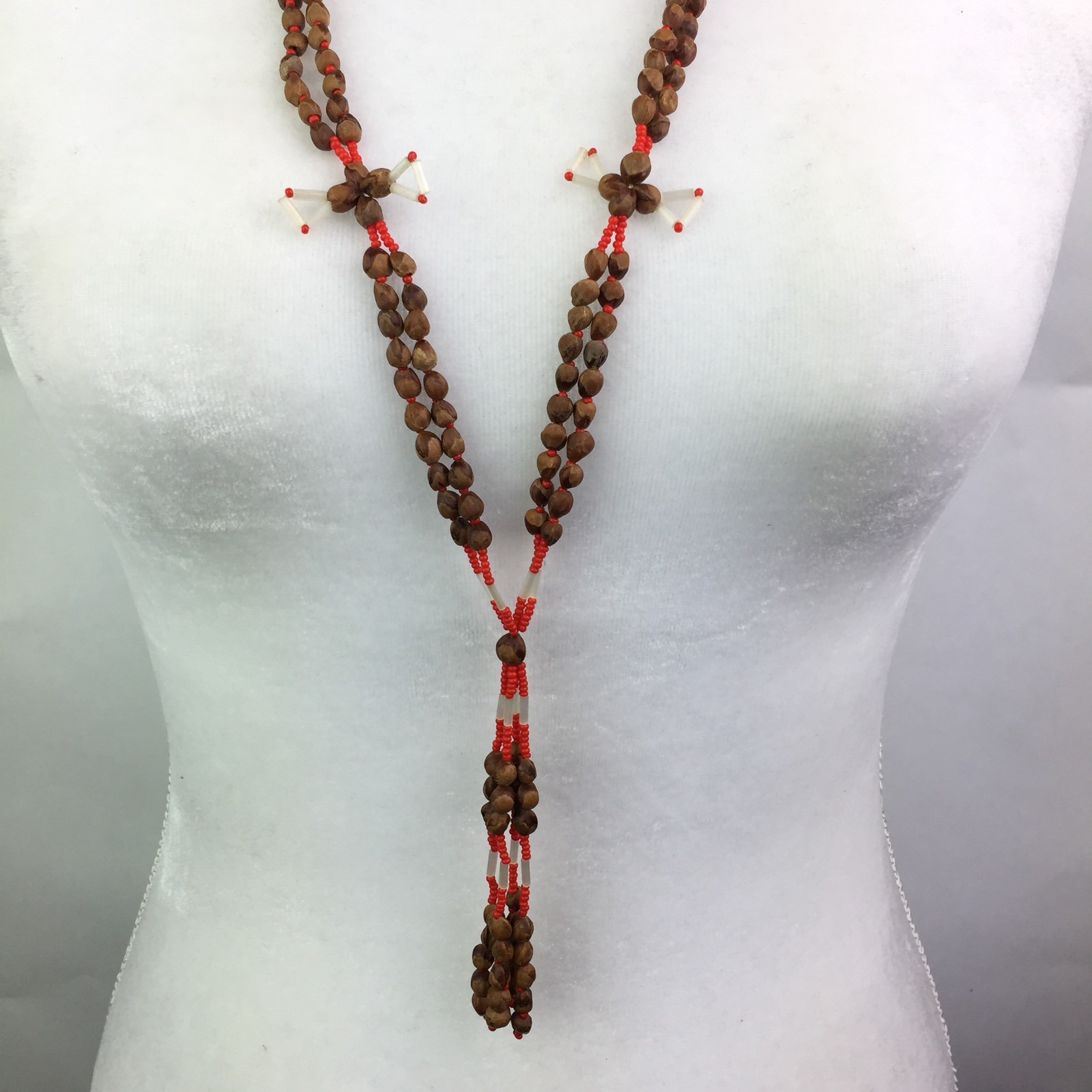 Vintage Seed Bead Y Drop Necklace Tassel Fringe Ethnic Tribal Boho Layering 40″