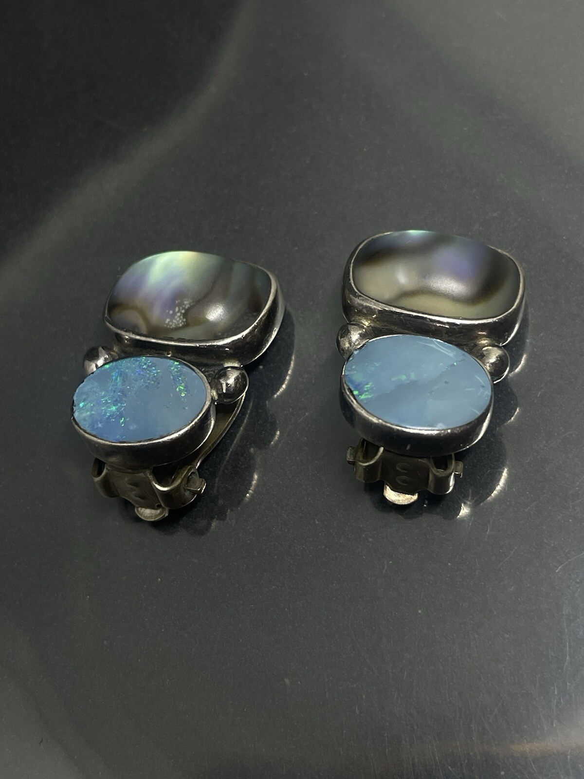 Amy Kahn Russell AKR Sterling Silver 925 Blue Opal Abalone Drop Clip On Earrings