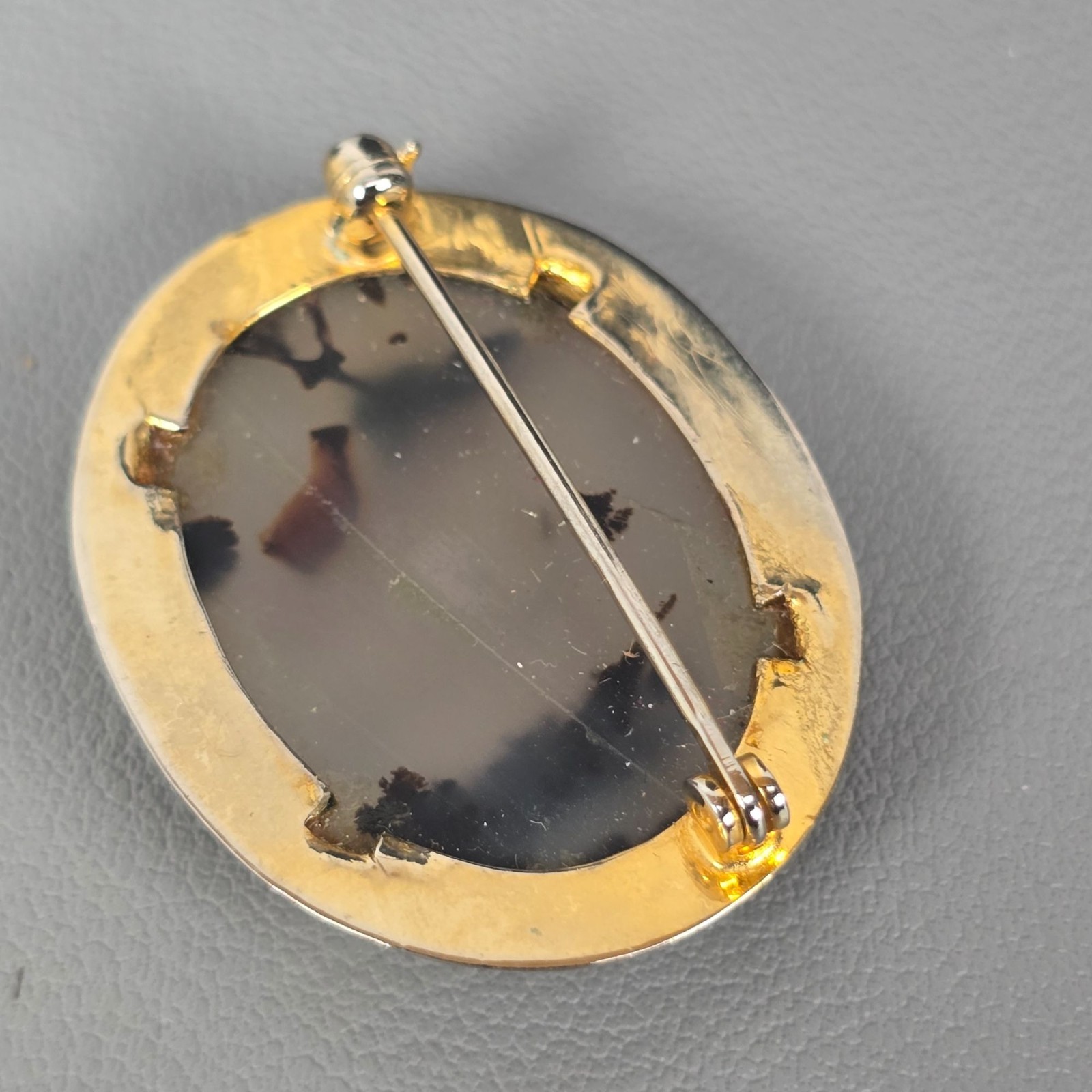 3 Vintage Gold-Tone Picture Agate Jasper Brooch Pins W/ Textured Bezel Setting