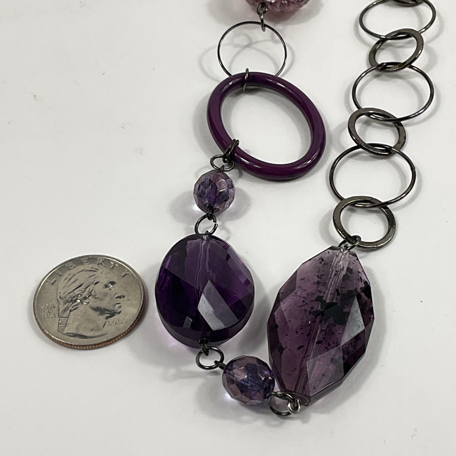 Vintage Asymmetrical Purple Acrylic Crystal Gunmetal Chain Link 24″ Necklace