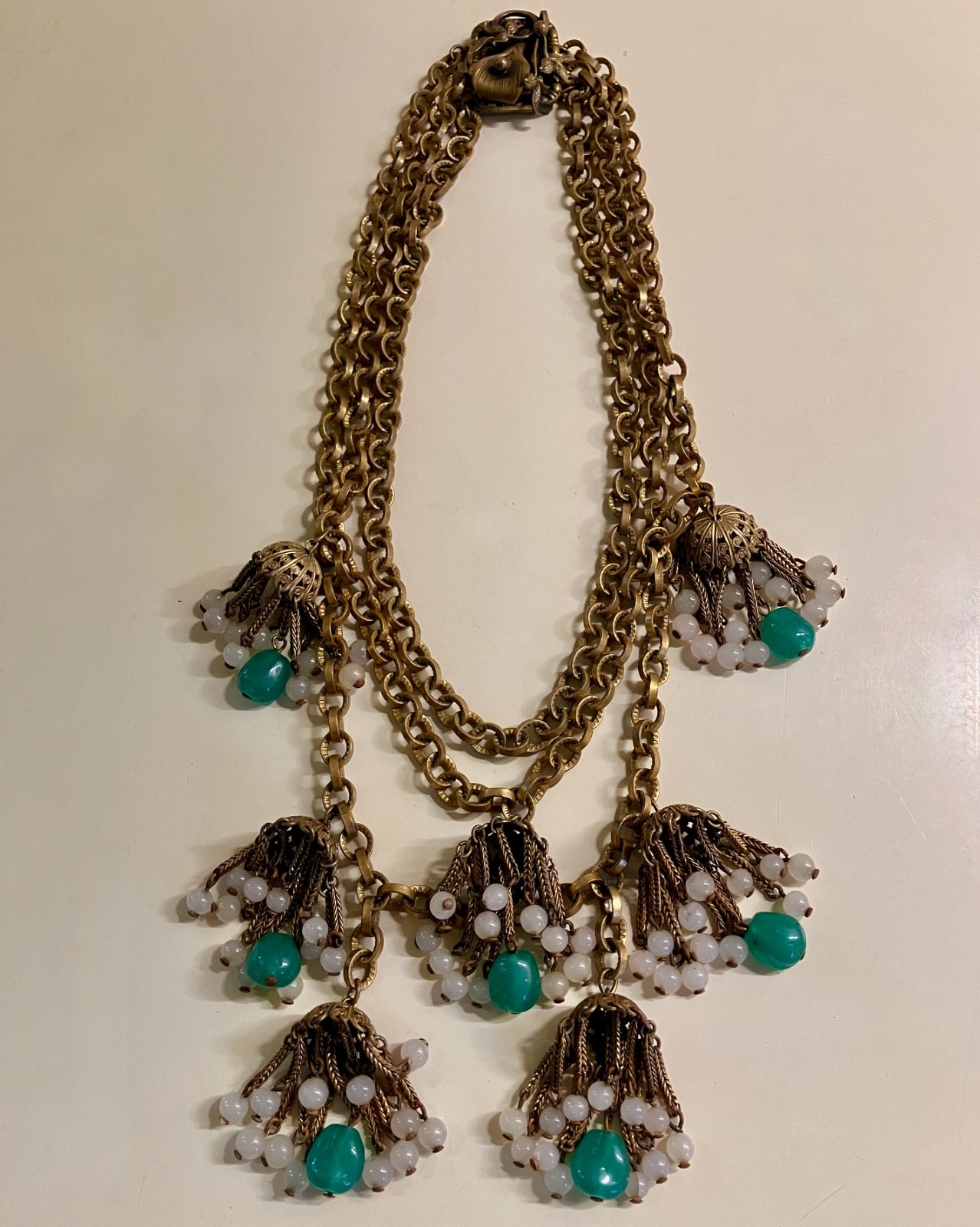 RARE EARLY MIRIAM HASKELL MULTI STRAND FESTOON NECKLACE GRIPOIX JADE GLASS DROPS