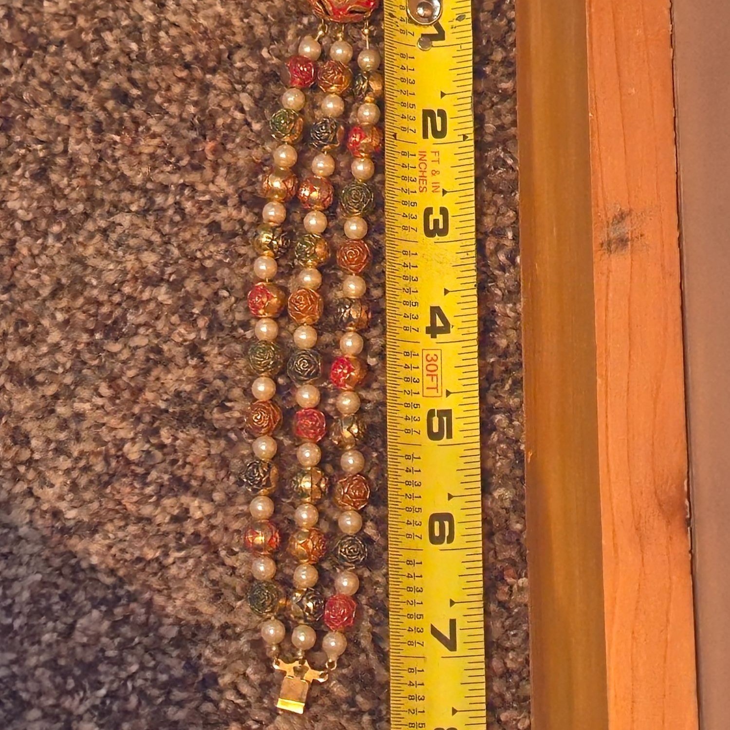 Vintage brass Beaded bracelet Gold Red & Green Metallic Accents & Faux Pearls