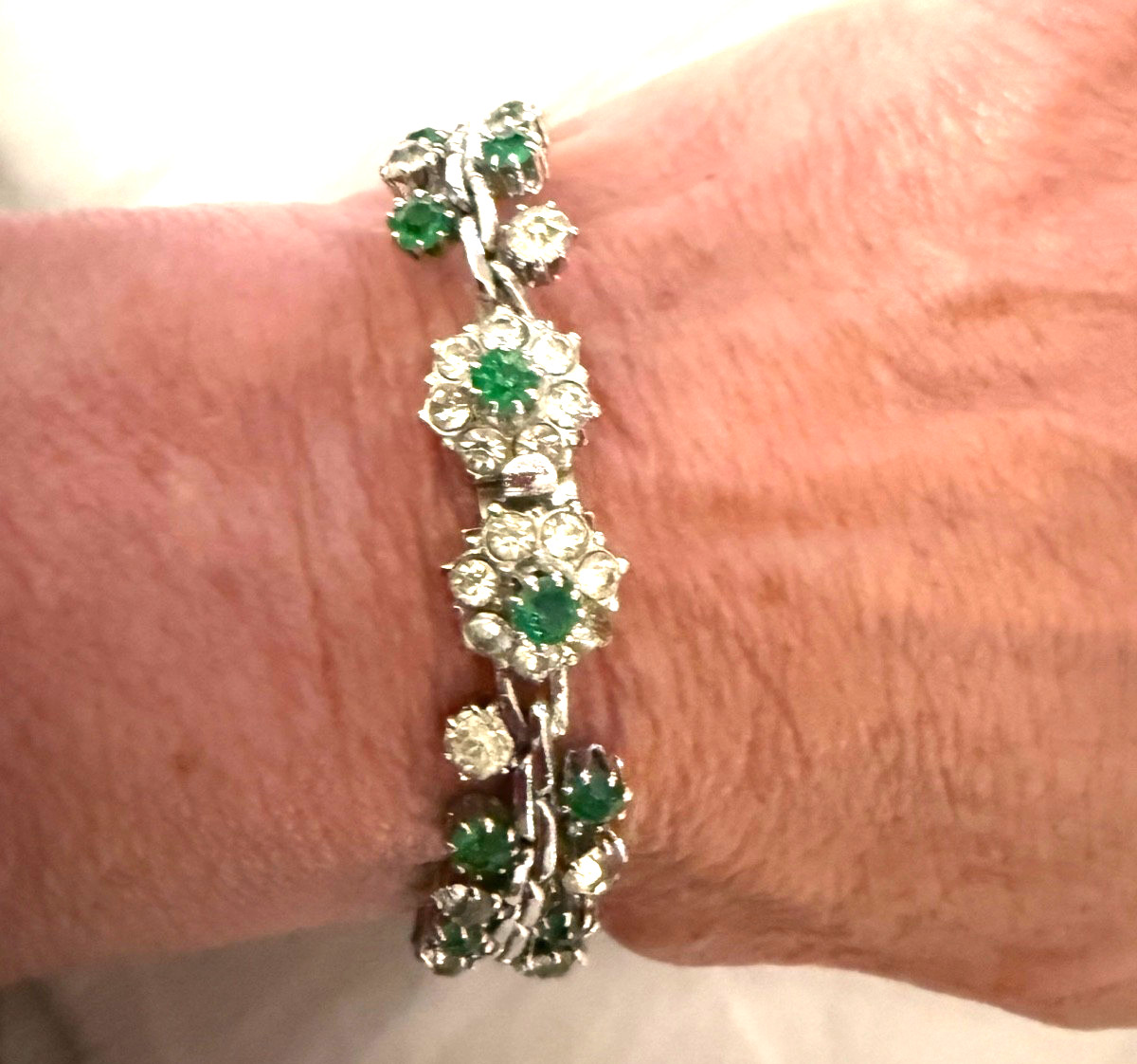 Vintage Crystal Emerald Diamond Rhinestone Silver Bracelet 7.25 inches Ornate