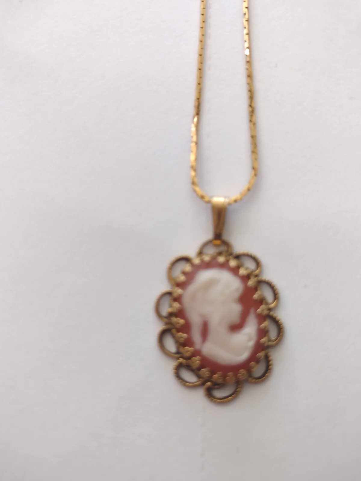 Vintage Cameo Pendant and 18″ Gold Tone Chain Burnt Orange and Cream~Beautiful!