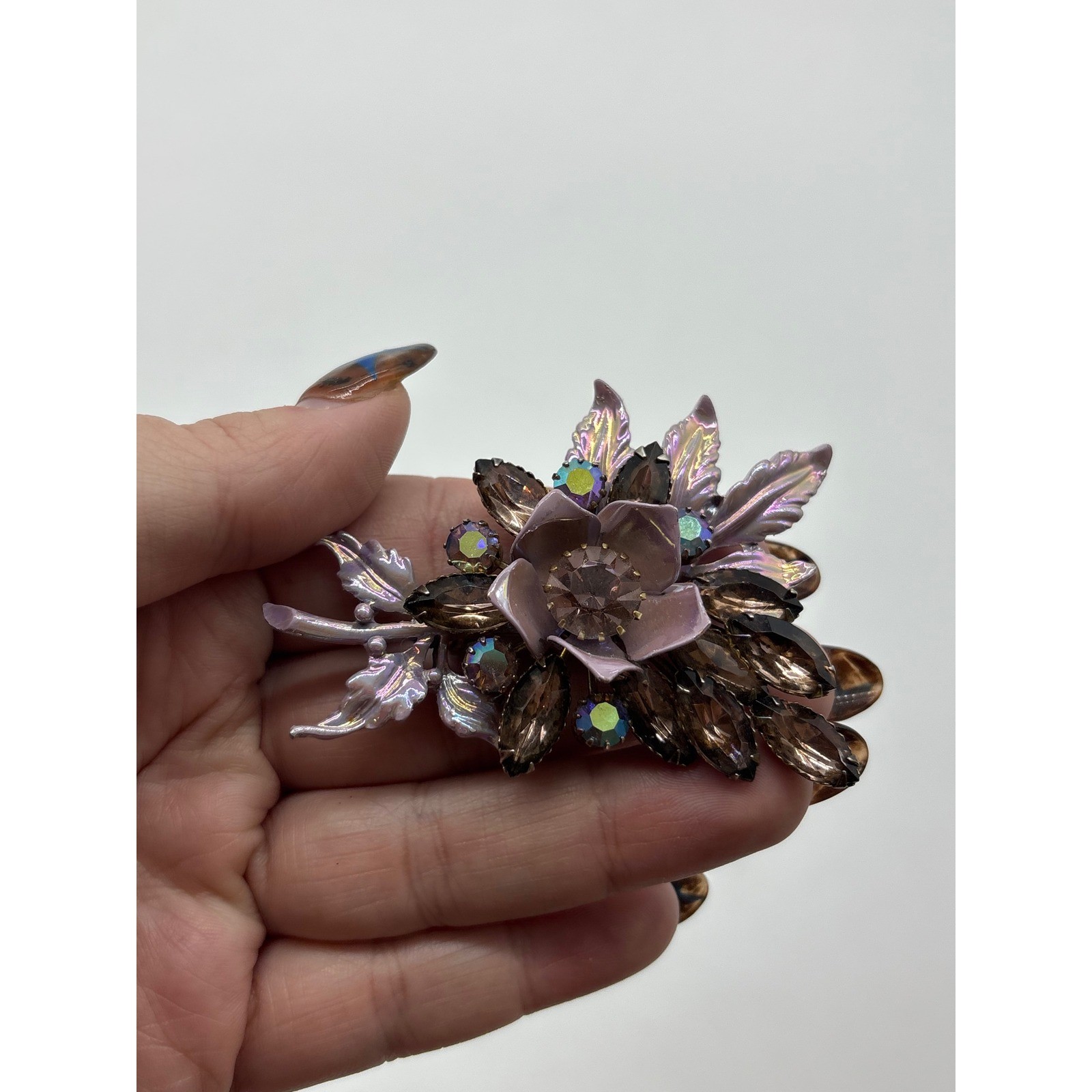 Vintage Purple Enamel Flower Bouquet Brooch Aurora Borealis Rhinestone
