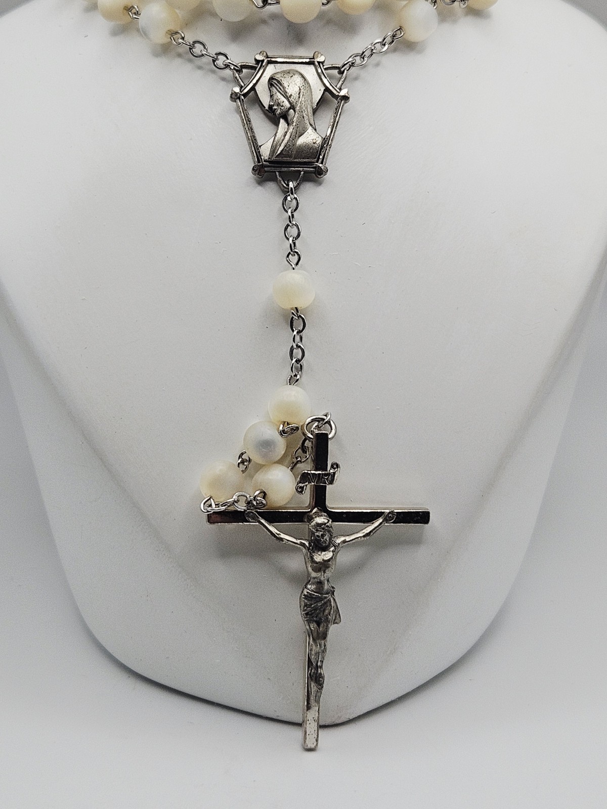 Gale Sterling Silver Mother Of Pearl Beaded Rosary Lariat Necklace 27″