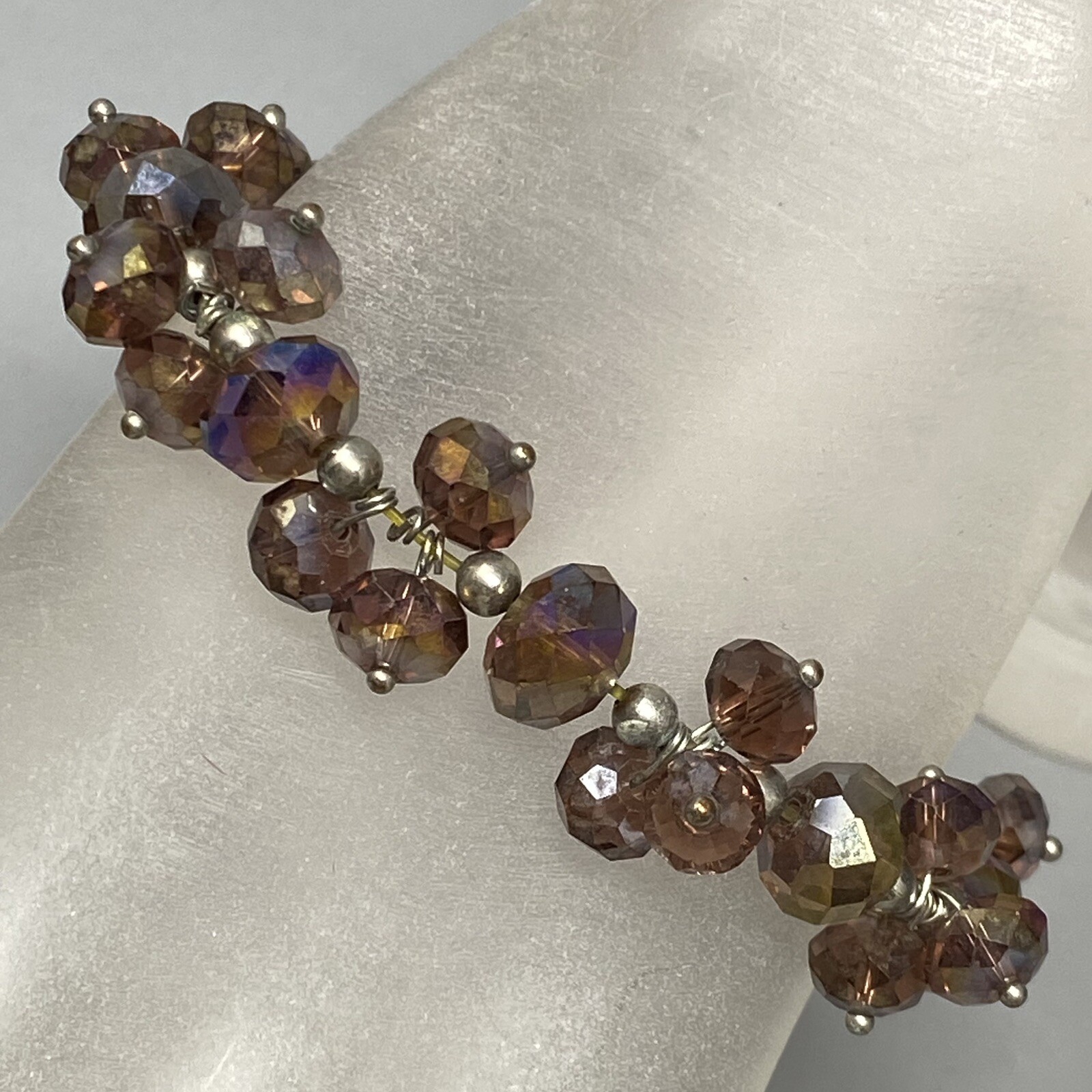 Stretch Bead Bracelet Purple Faceted Glass Cluster Fire Polished Iridescent 7.5″