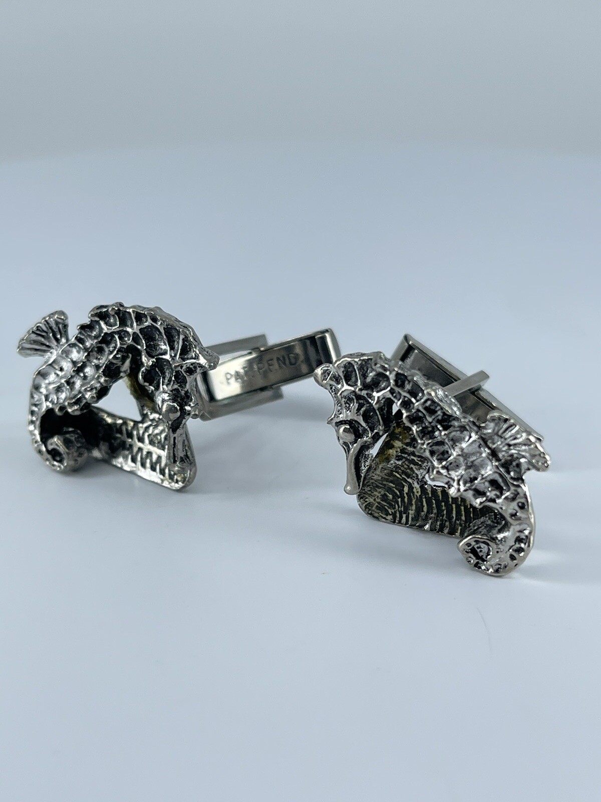 Vintage Seahorse cufflinks silver tone with black enamel accents 1-1/8″