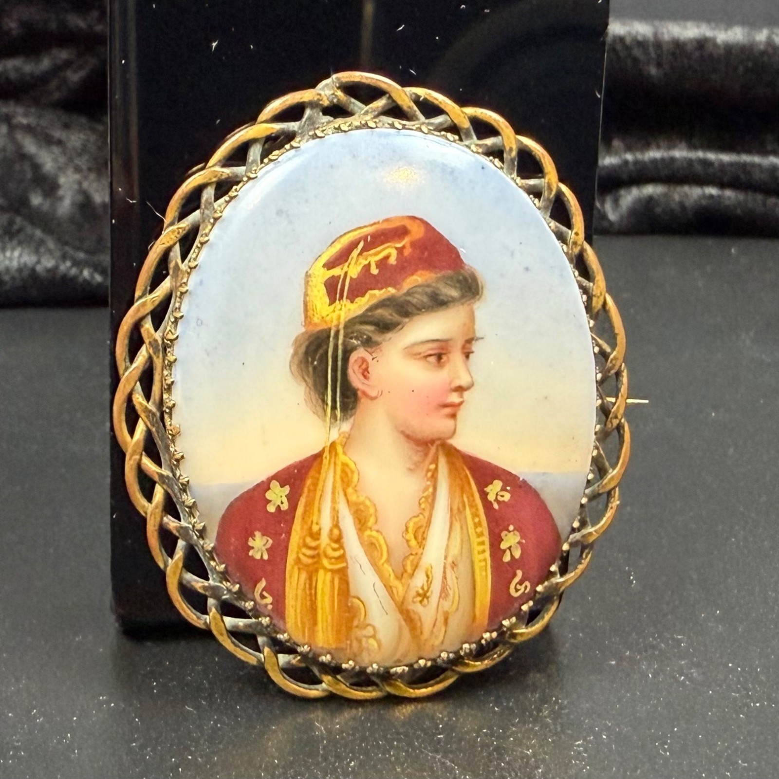 Antique Hand Painted Porcelain Portrait Brooch Woman Greek Ottoman Costume