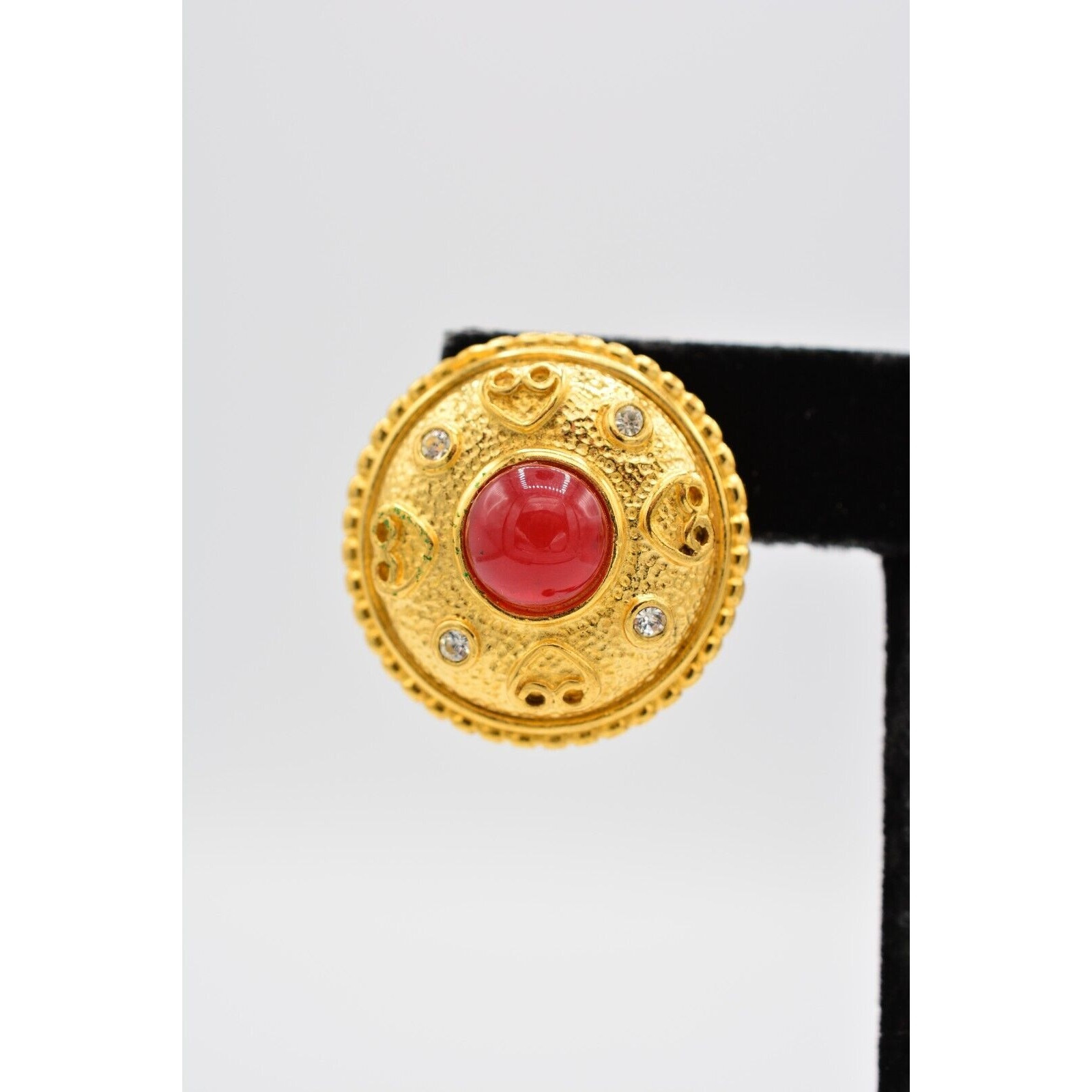 Vintage Chunky Cabochon Post Earrings Brushed Gold Red Crystal NOS 1980s BinA8