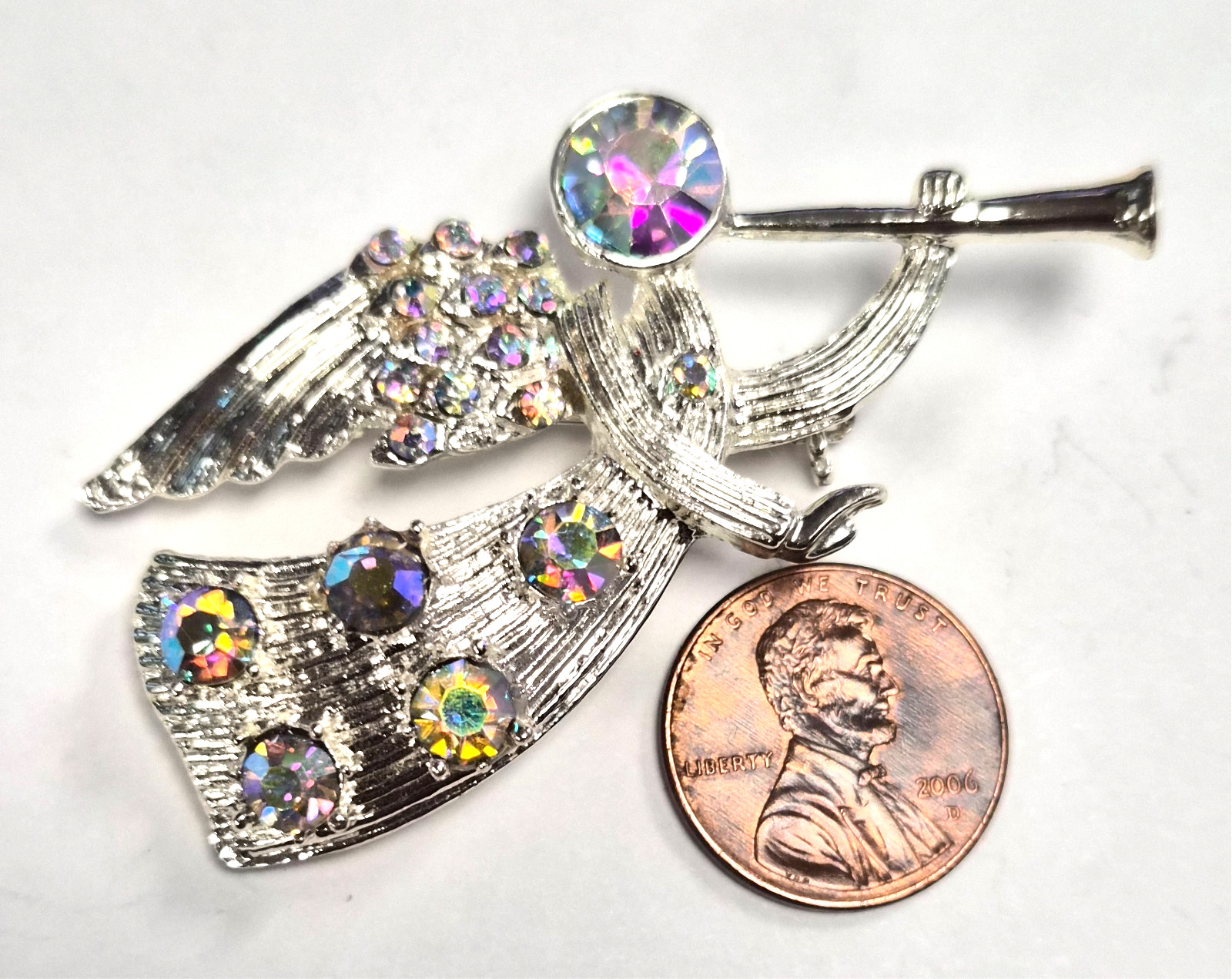 Vintage 90’s Christmas Trumpet Angel W/ Aurora Borealis Rhinestones Pin / Brooch