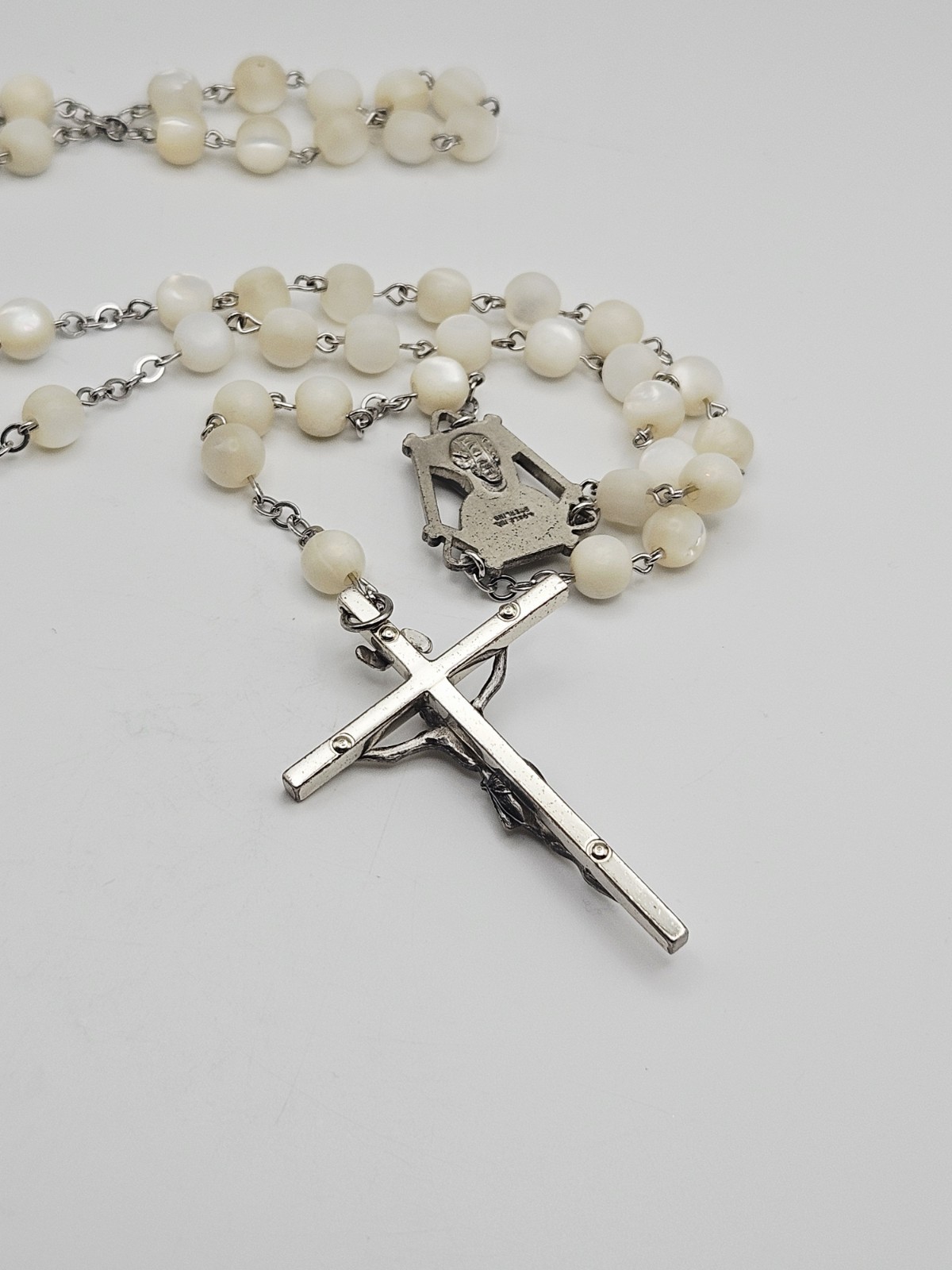 Gale Sterling Silver Mother Of Pearl Beaded Rosary Lariat Necklace 27″