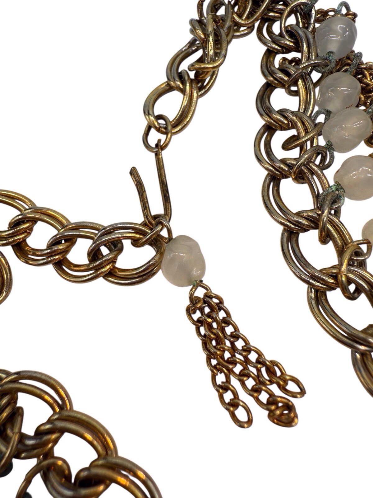Bead Fringe Bib Necklace 1970s Cuban Link Chain Tassels Frosted Glass Gold T. WB