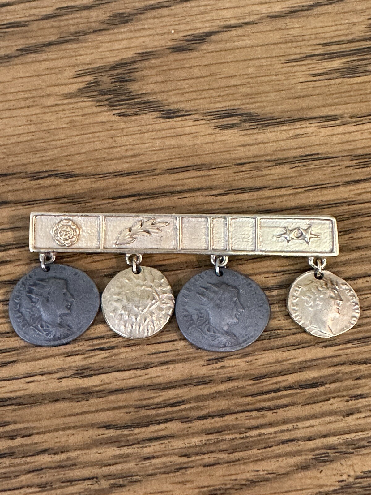 Vintage Brooch Pin ~ 4 Coin Charm Runway Bar Dangle Drop Mixed Metals ~ 2.75″