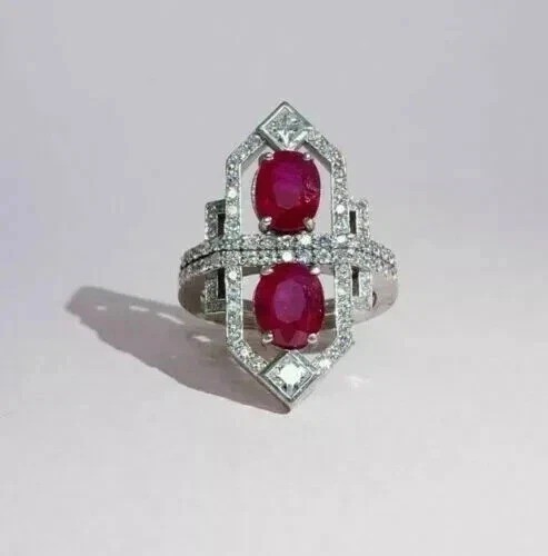Share 3.45Ct Art Deco Style Oval Lab Created Ruby Wedding 14K White Gold Finis