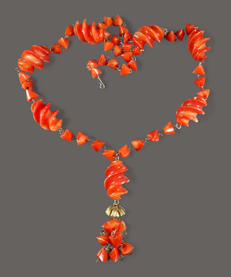 Vintage CARVED ORANGE CORAL NECKLACE Gold Filled BEADED TASSEL PENDANT Spirals