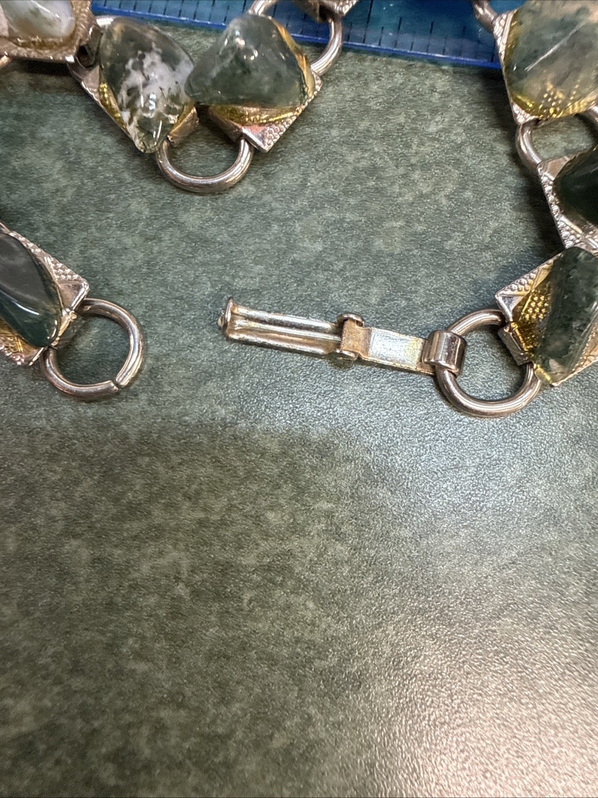 Vintage Polished Stone Link Bracelet multi color natural Green-earthtone jewelry