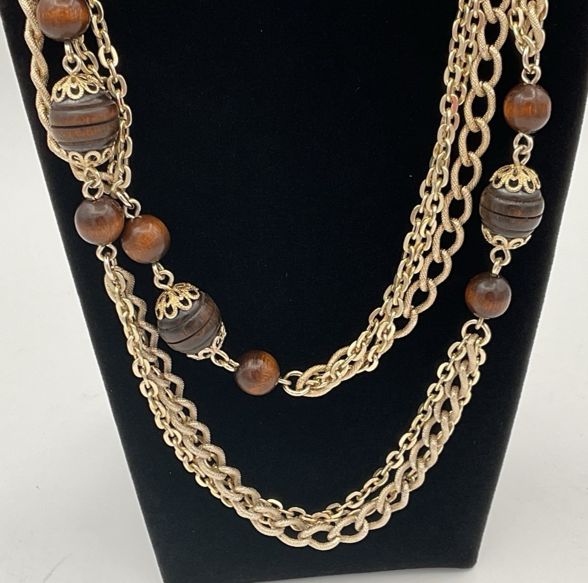 Emmons Goldtone Aluminum Chain Wood Bead Necklace 48″ NICE Fast Free Shipping!