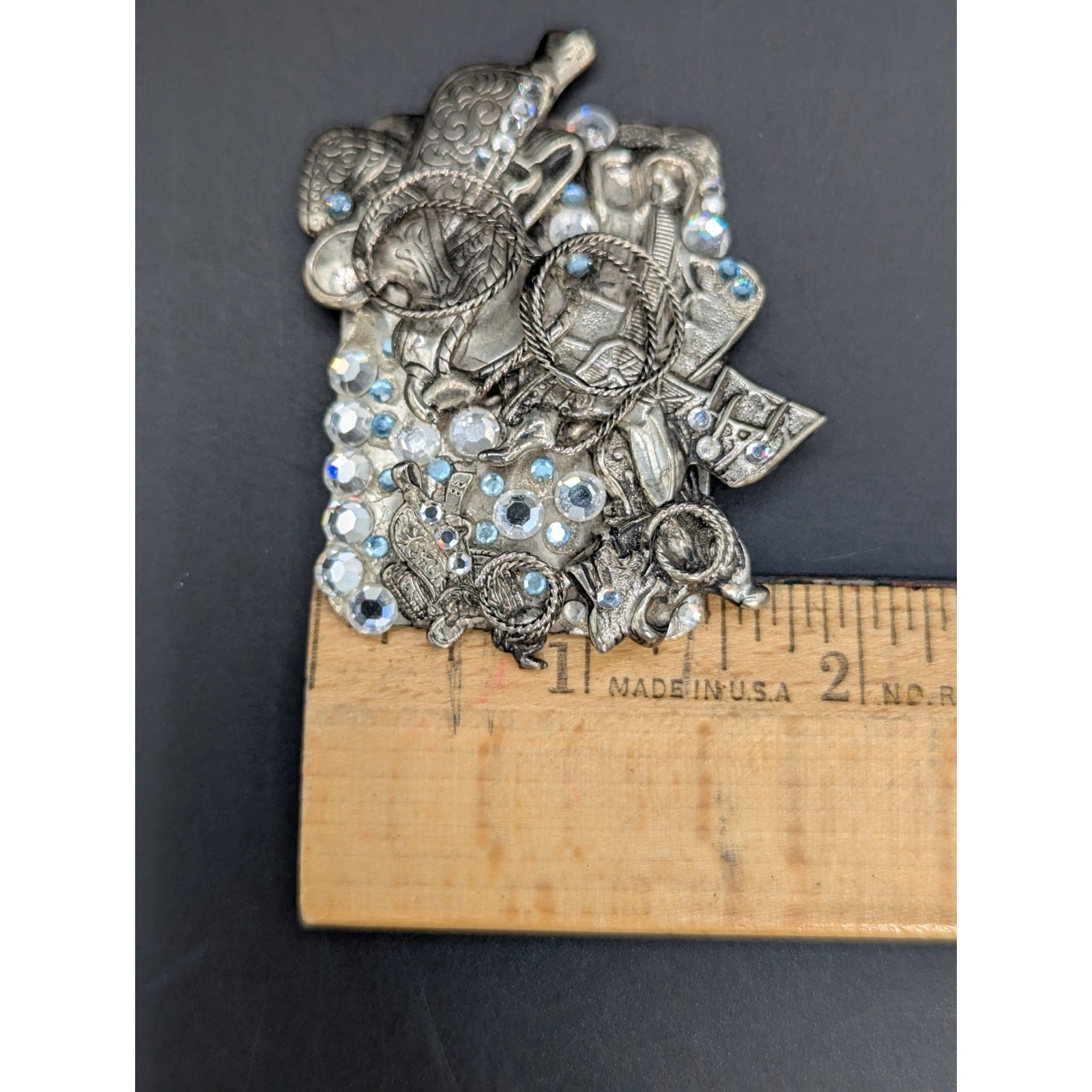 Cowgirl Western Horse Saddle Silver Tone AB Rhinestone Brooch Signed