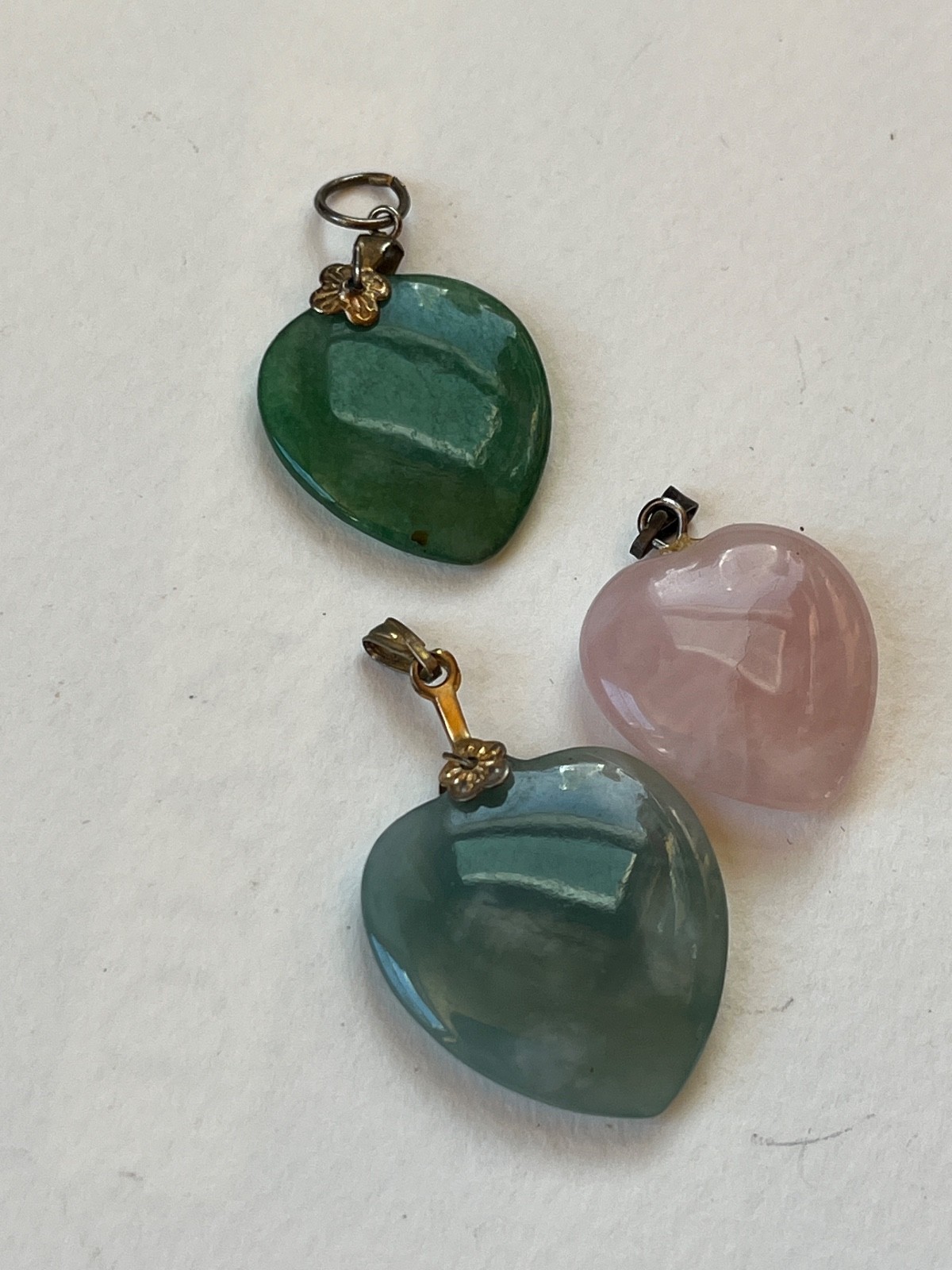 Lot of 3 Carved Green Stone or Pink Rose Quarts Heart Shaped Pendants or Charms