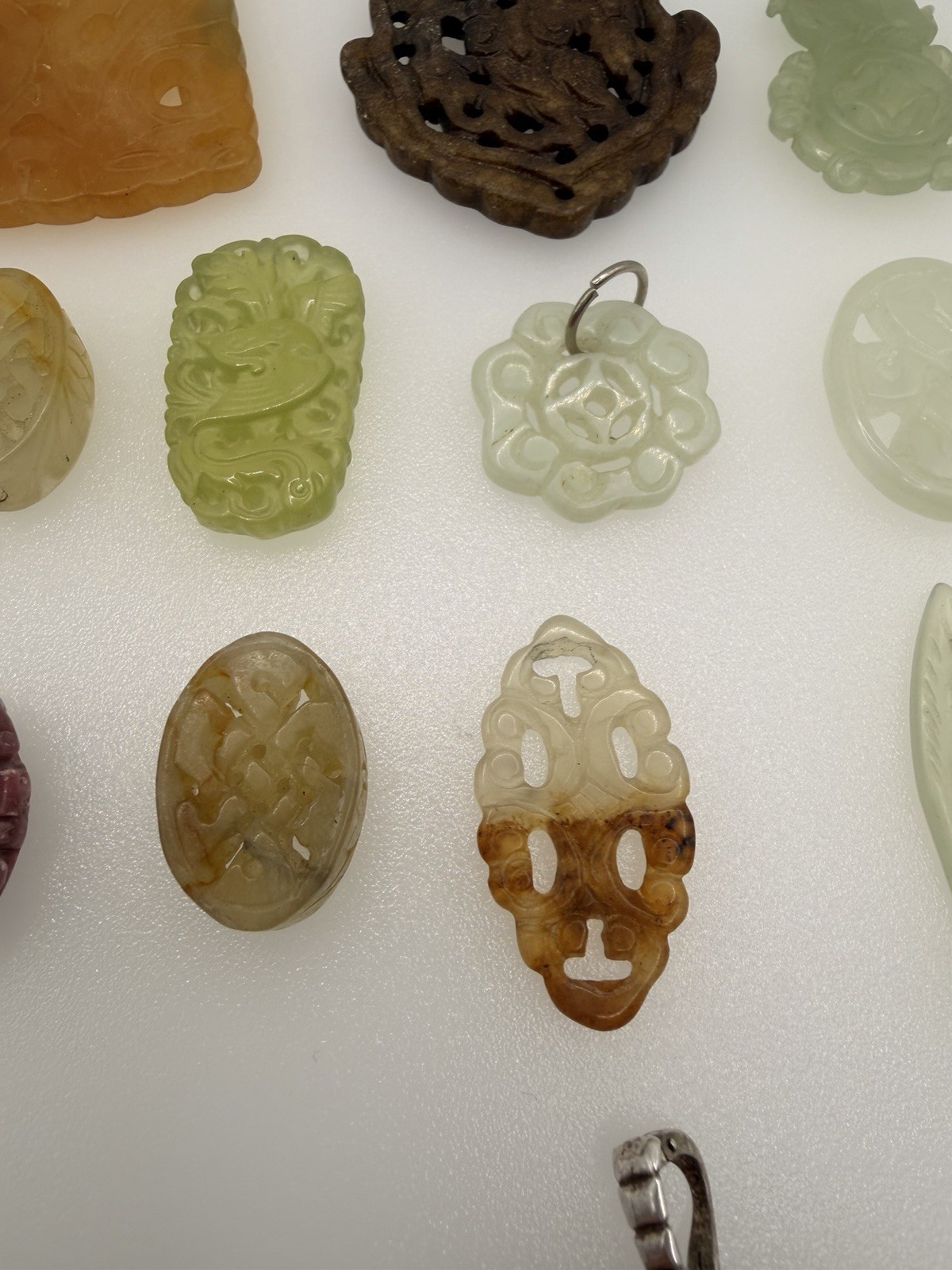 Lot of 17 Carved Semi Precious Stone Pendants Jade Agate Quartz Vintage Chinese