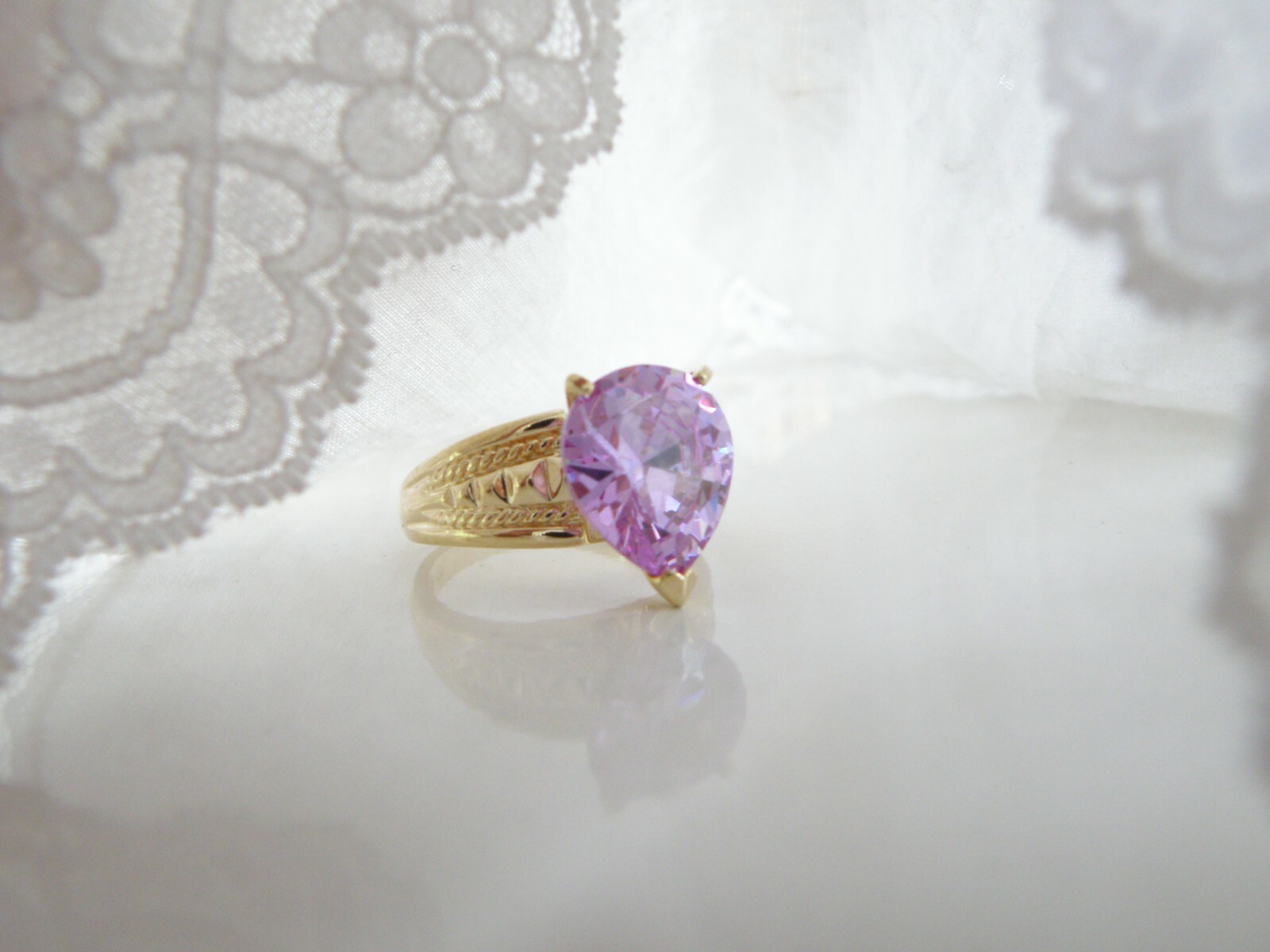 Vintage Sterling Silver 925 Gold on Pink Purple CZ Large Ring Size 10