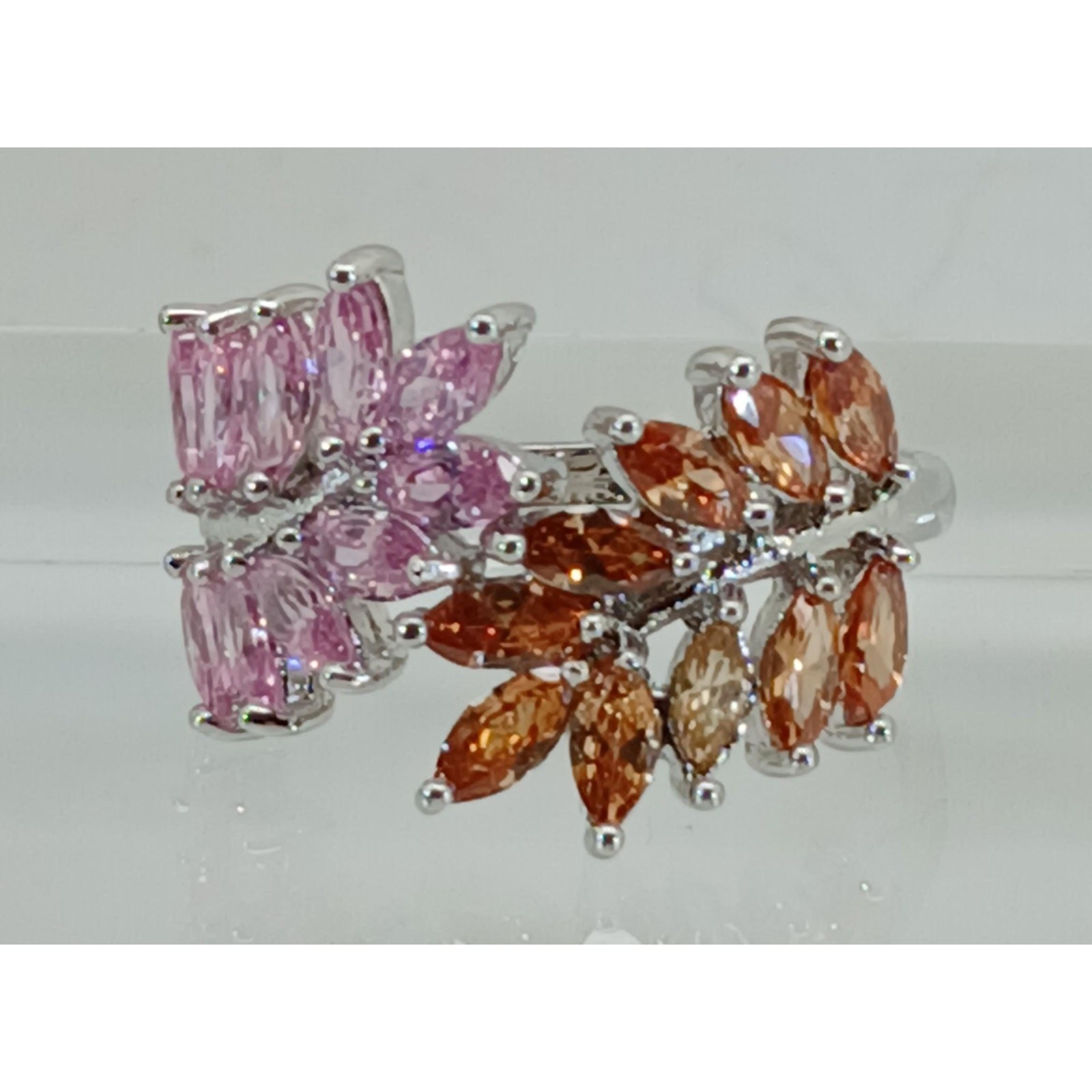Vintage Ring Size 9.5 Silver Tone White Gold GP Pink Champagne Amber CZ Spray