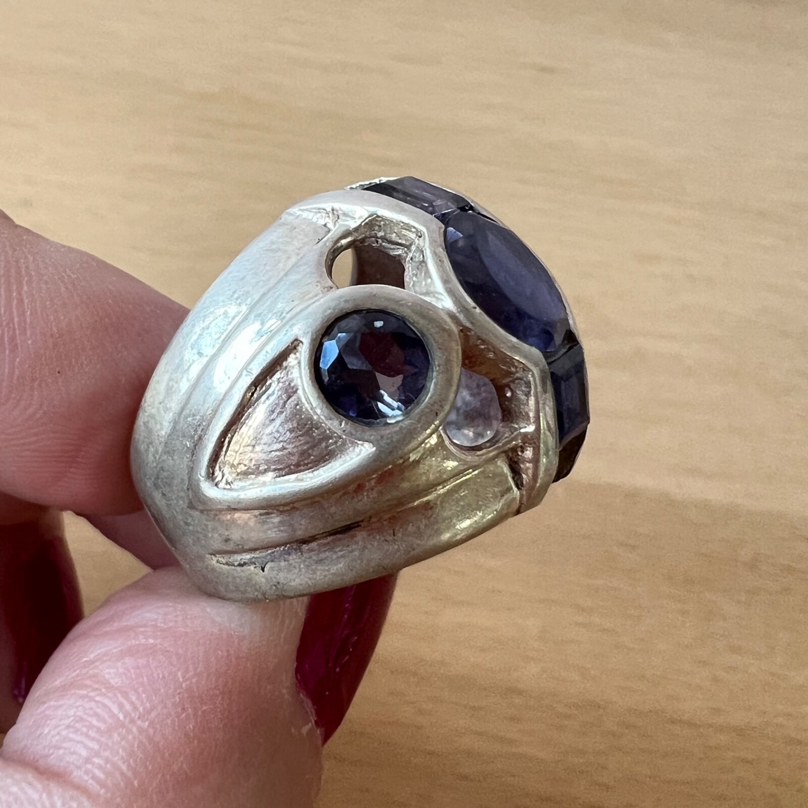 VINTAGE TANZANITE & IOLITE WIDE BAND RING 925 STERLING SLVER UNIQUE HEAVY CHUNKY