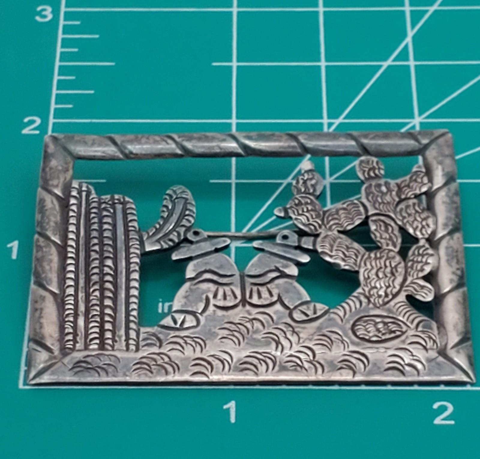 Mexican 980 Silver Brooch 2in Siesta Men Cactus Scene Handmade 17.1g Fine VTG