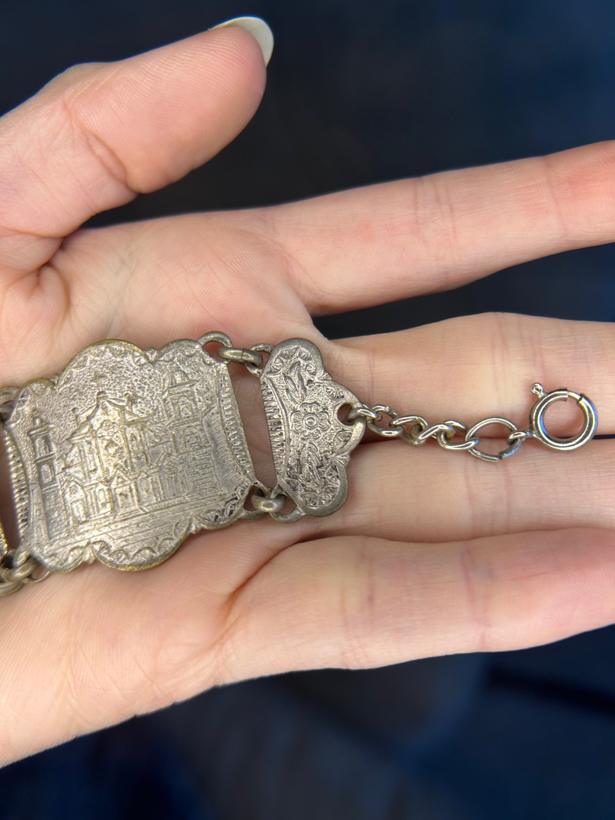 Antique European Cityscape Panel Bracelet 1930s Silver Plate Souvenir Scenic 9″