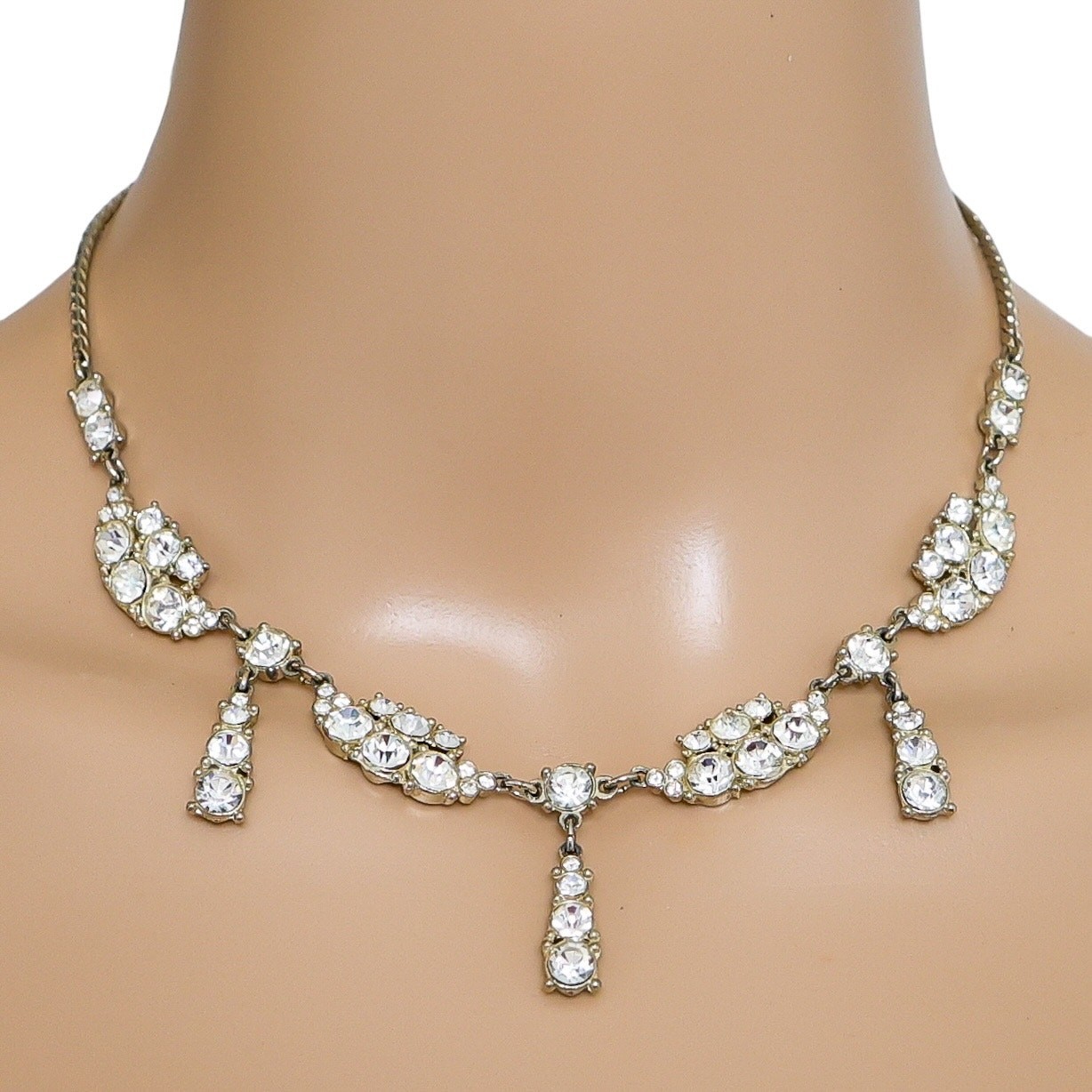 Vintage Edwardian Revival Rhinestone Festoon Necklace Dangle Garland Silver Tone