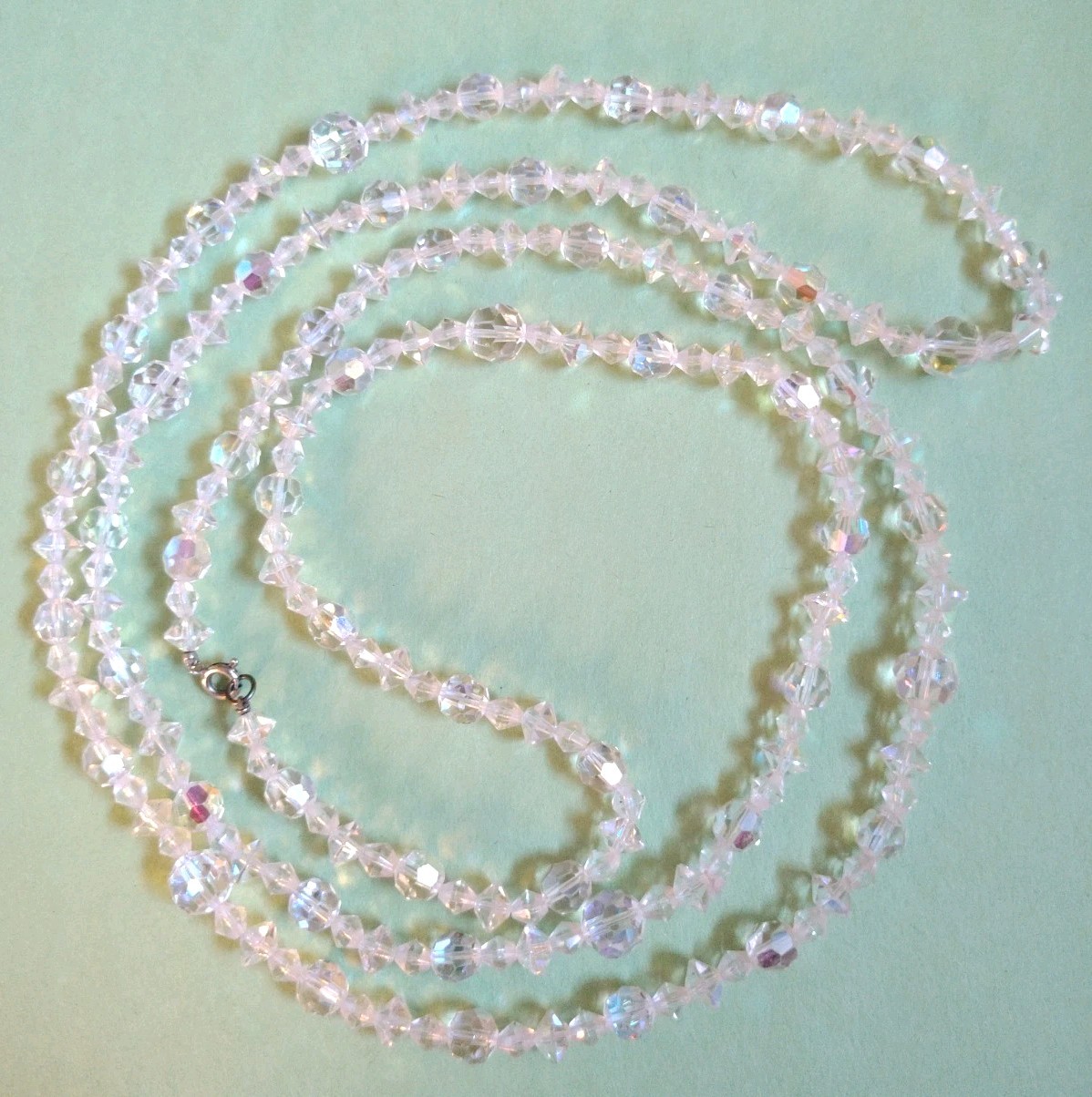 Vintage VERY LONG Faceted CLEAR CRYSTALS Beaded Chain Necklace