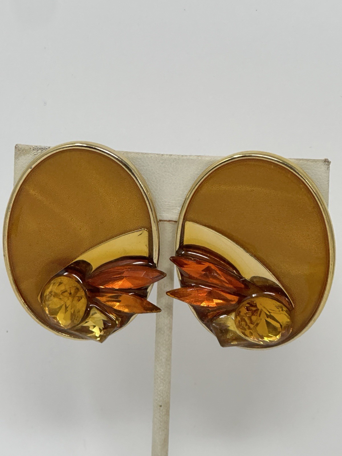 Vintage Mid-Century Lucite Clip-On Earrings BOLD Amber & Gold Tone 1950s Retro